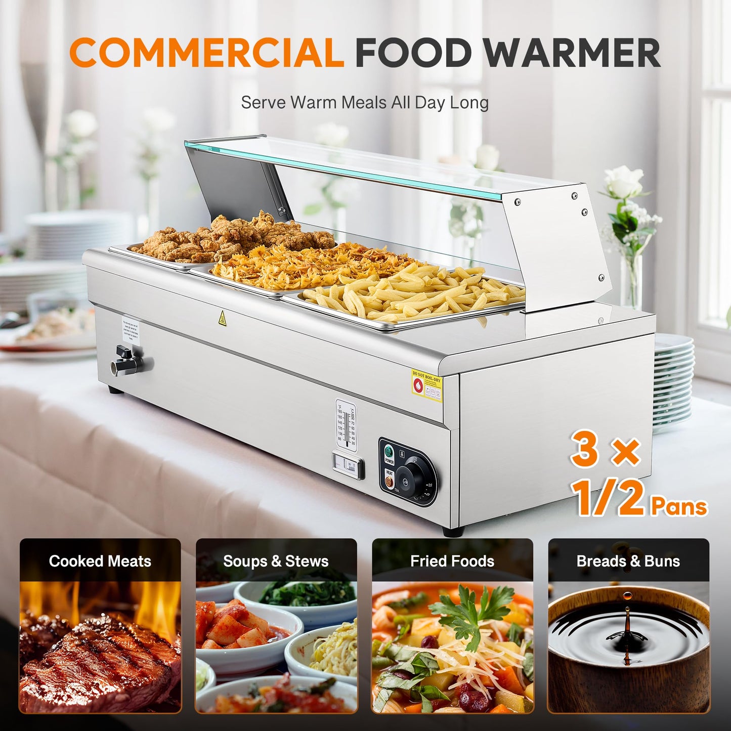 WILPREP Bain Marie Food Warmer, Commercial food warmer with Three 1/2 Pans and Sneeze Guards for Catering Restaurants Parties, Rectangular Stainless buffet server with Adjustable Temp. & Auto Shutoff