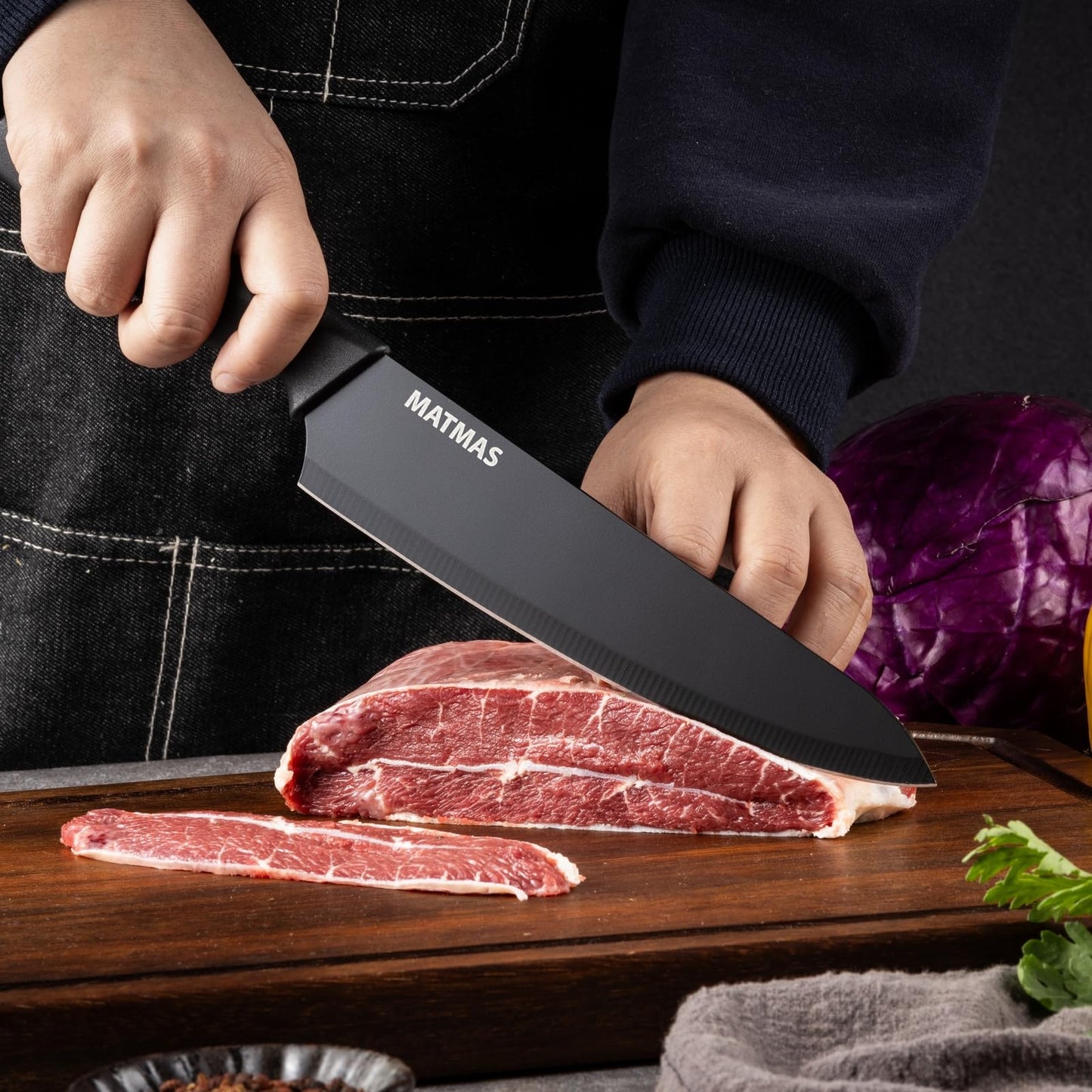 MATMAS Kitchen Knife Set with Block, 15 Pieces with Built-in Sharpener, Carbon Stainless Steel Knives, Culinary Excellence