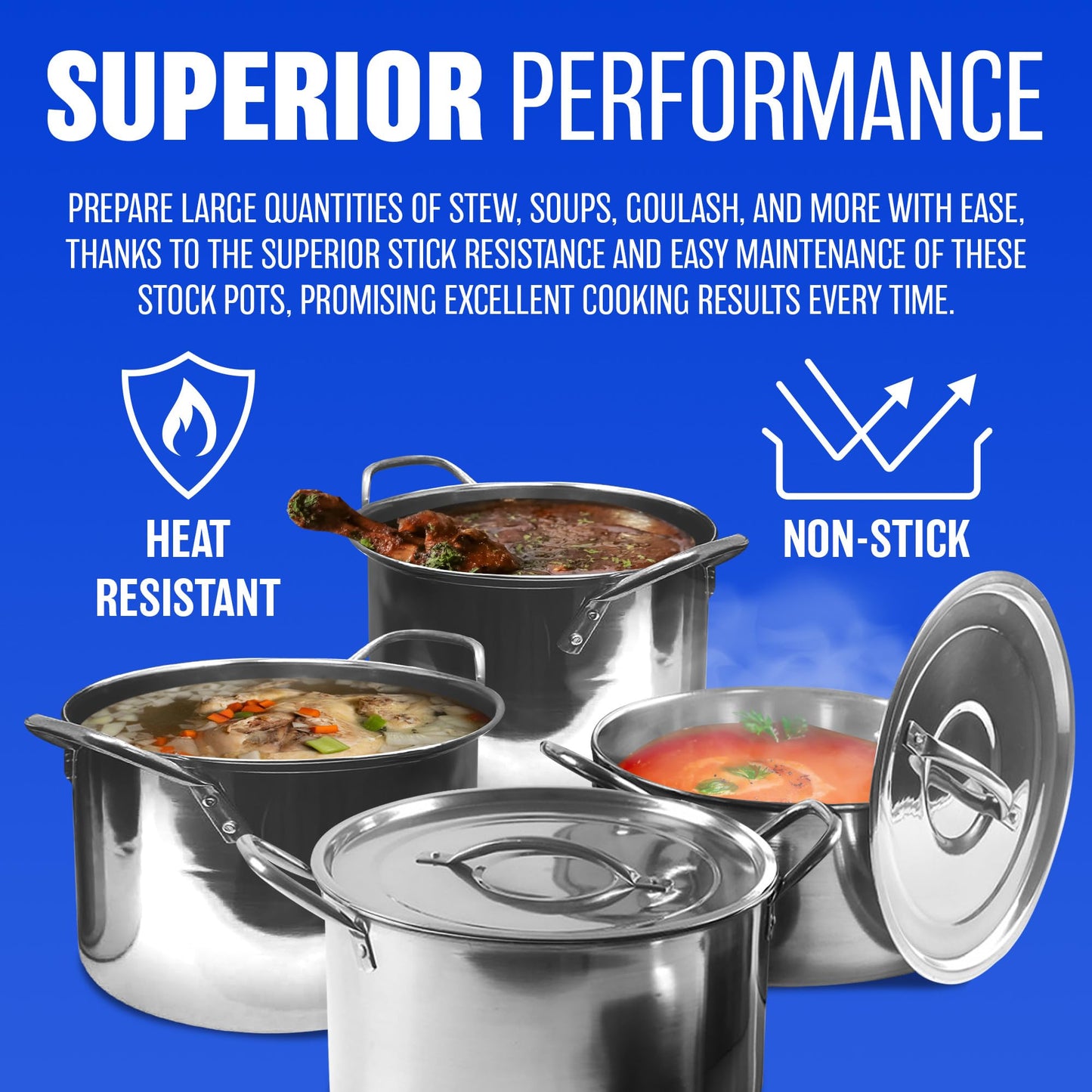 4pc Large Stainless Steel Catering Deep Stock Pots - Soup Boiling Pot | Easy to Clean | Handles for Easy Transporting | Suitable for Kitchen, Catering & Restaraunts | Durable & Long Lasting