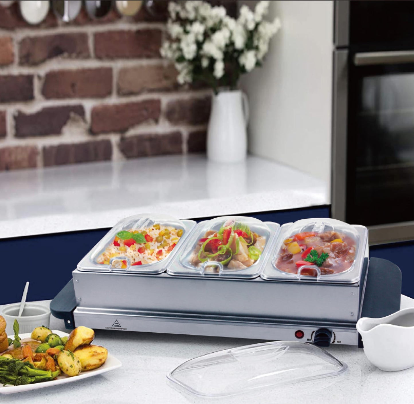 Vintage Gourmet® 3 Tray Food Warmer, All in One Buffet Server with Warming Plate Function,Turkey & Vegetables, Keeps Food Warm 200W, Temperature Control, Cool-Touch Handles Easy Portability 3 x 1.5L