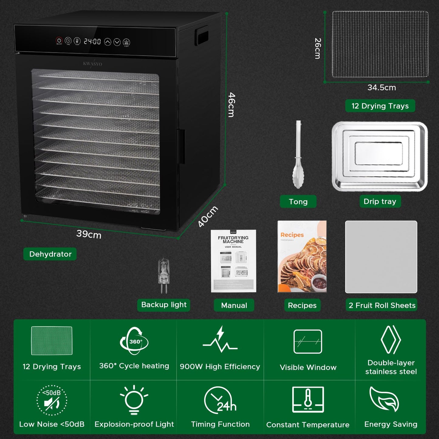 Kwasyo 12 Trays Stainless Steel Food Dehydrator all in Black, Food Dryer UK with 30-90°C Adjustable & 24hr Digital Timer, Commercial Dehydrator Fruits for Fish Vegetables Meat Jerky Herb, 900W