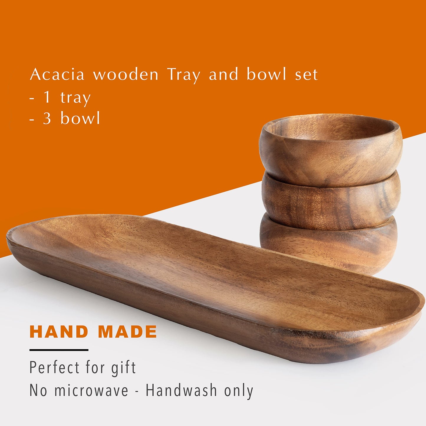 cintika Hand-Carved Set of 4 Acacia Calabash Bowls with Baguette Tray. Durable Wooden Bowl Set. Snack, nut, dip bowl. - Wooden Dinnerware set. 4" Round Wooden Bowls - 13" Wooden Tray