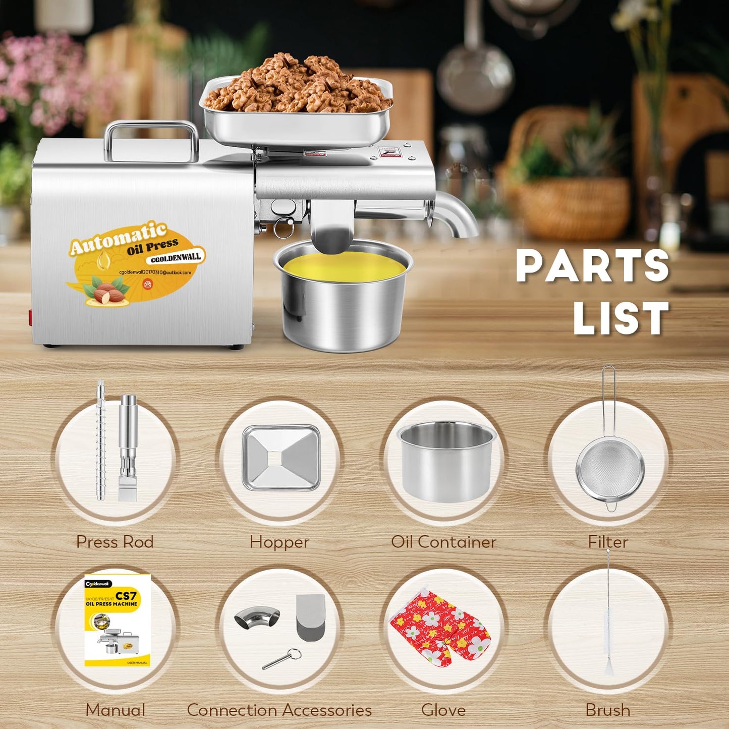 CGOLDENWALL 1000W Oil Press Machine Home Hot & Cold Oil Extraction Machine Stainless Steel for Peanut Sesame Flaxseed Walnut Sunflower Seed Automatic Temperature Constant 220V