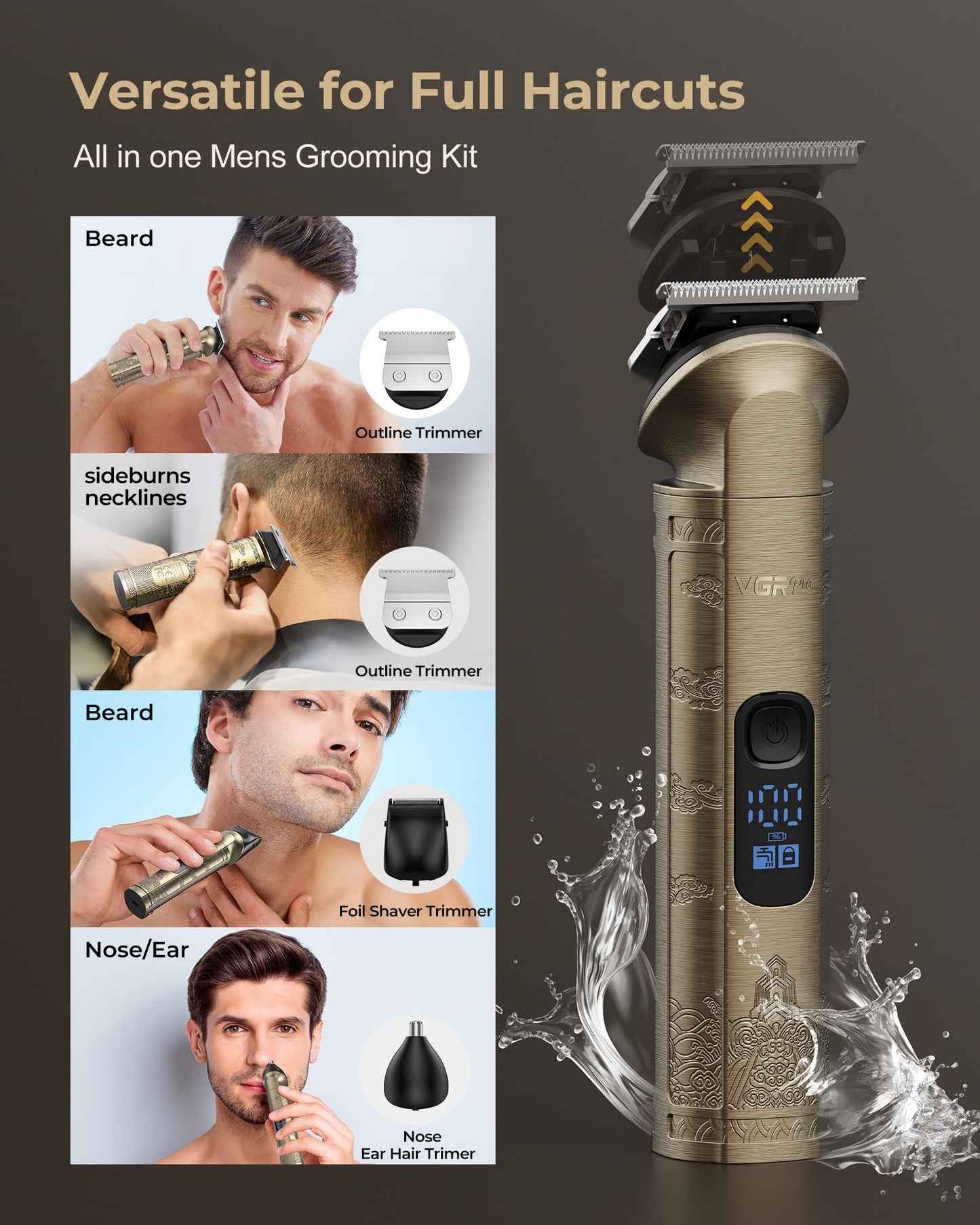 Vgrpro Hair Clippers Men Professional,Mens Clippers and Trimmers Set, USB Rechargeable Cordless Hair Clippers for Hair Cutting, Electric T-Blade Hair Trimmer for Men with Package Box (Gloden)