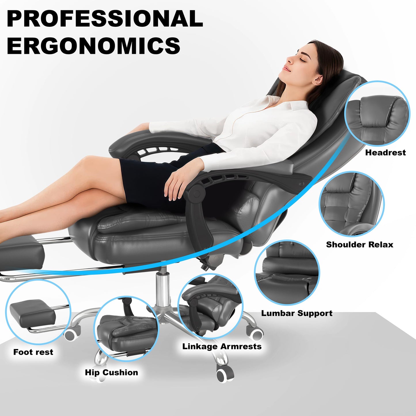 Blisswood Office Chair, Computer Desk Chairs with Lumbar Support, Ergonomic Office Chair with Footrest, Adjustable Height, 135° Recline Tilt Function 360° Swivel for Home Office Working (Grey)