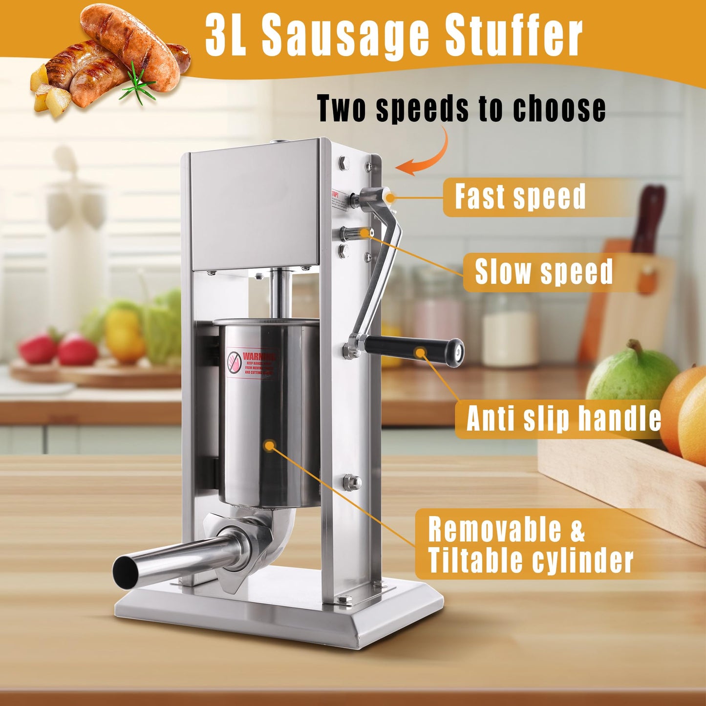 Hakka 3L/7Lb Sausage Stuffer Machine,2 Speed Stainless Steel Vertical Sausage Maker with 5 Tubes and 4 Churros,Meatball Maker for Home & Commercial Kitchens