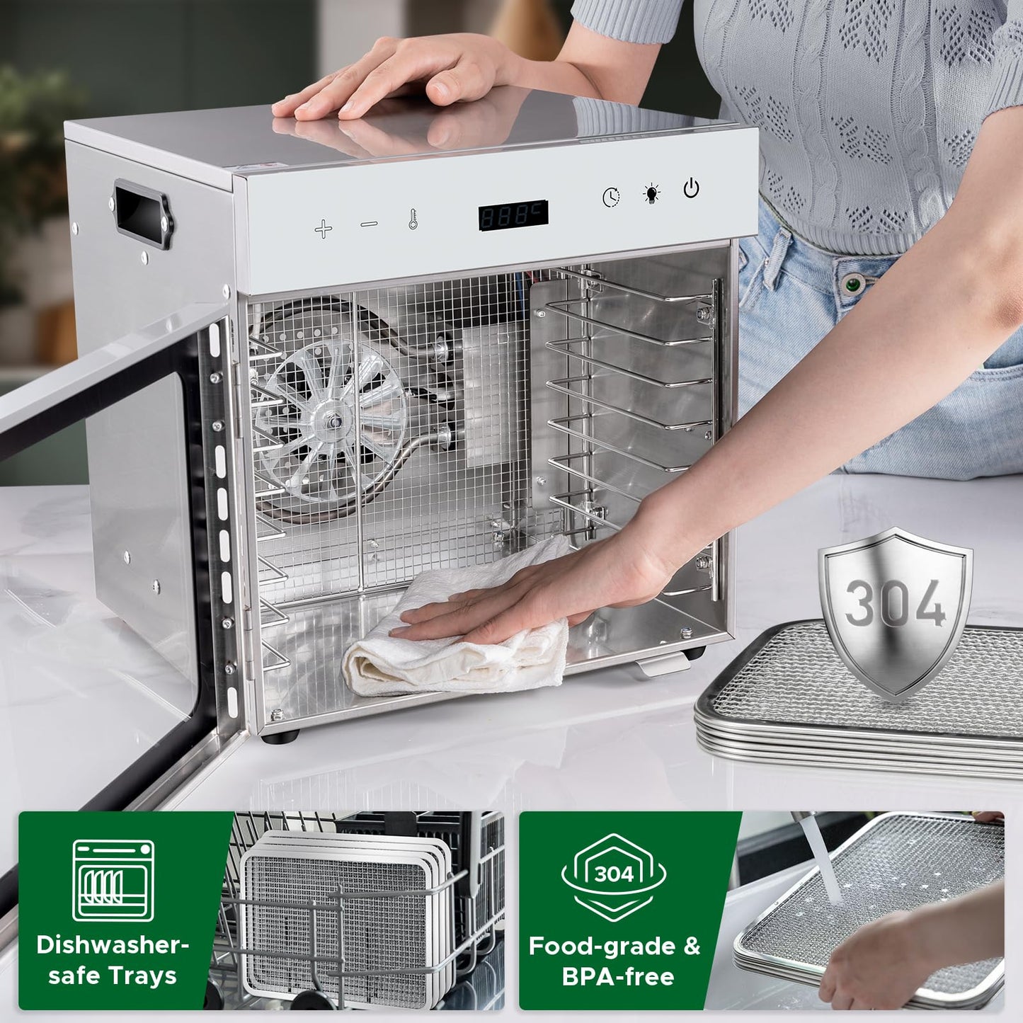 Kwasyo Stainless Steel Food Dehydrator, 8 Tray Fruit Dryer Machine with Free Recipe Book, BPA-Free, 30~90℃ Temperature Setting, Max 24h, Dehydrator Food Dryer UK for Vegetables, Meats