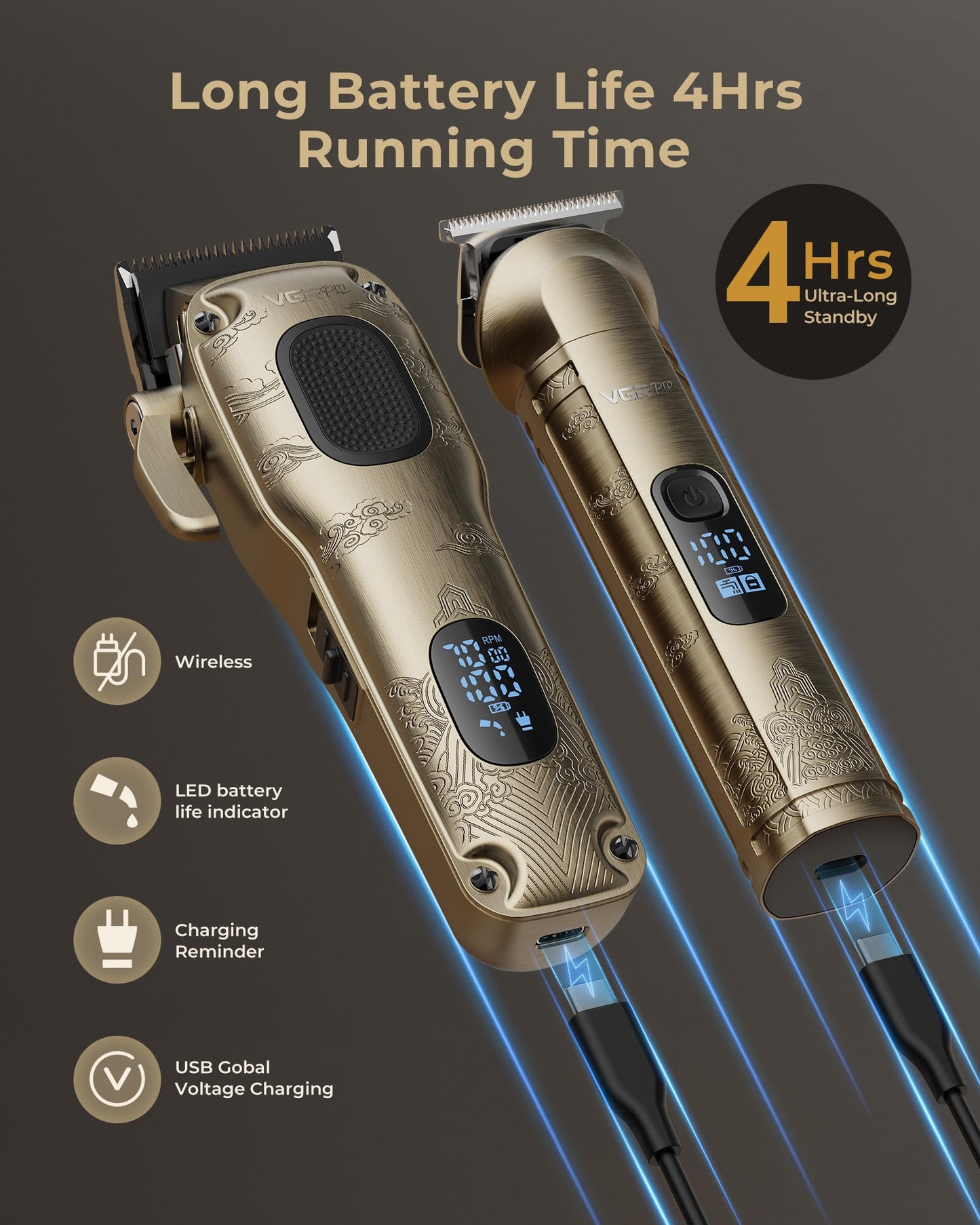 Vgrpro Hair Clippers Men Professional,Mens Clippers and Trimmers Set, USB Rechargeable Cordless Hair Clippers for Hair Cutting, Electric T-Blade Hair Trimmer for Men with Package Box (Gloden)