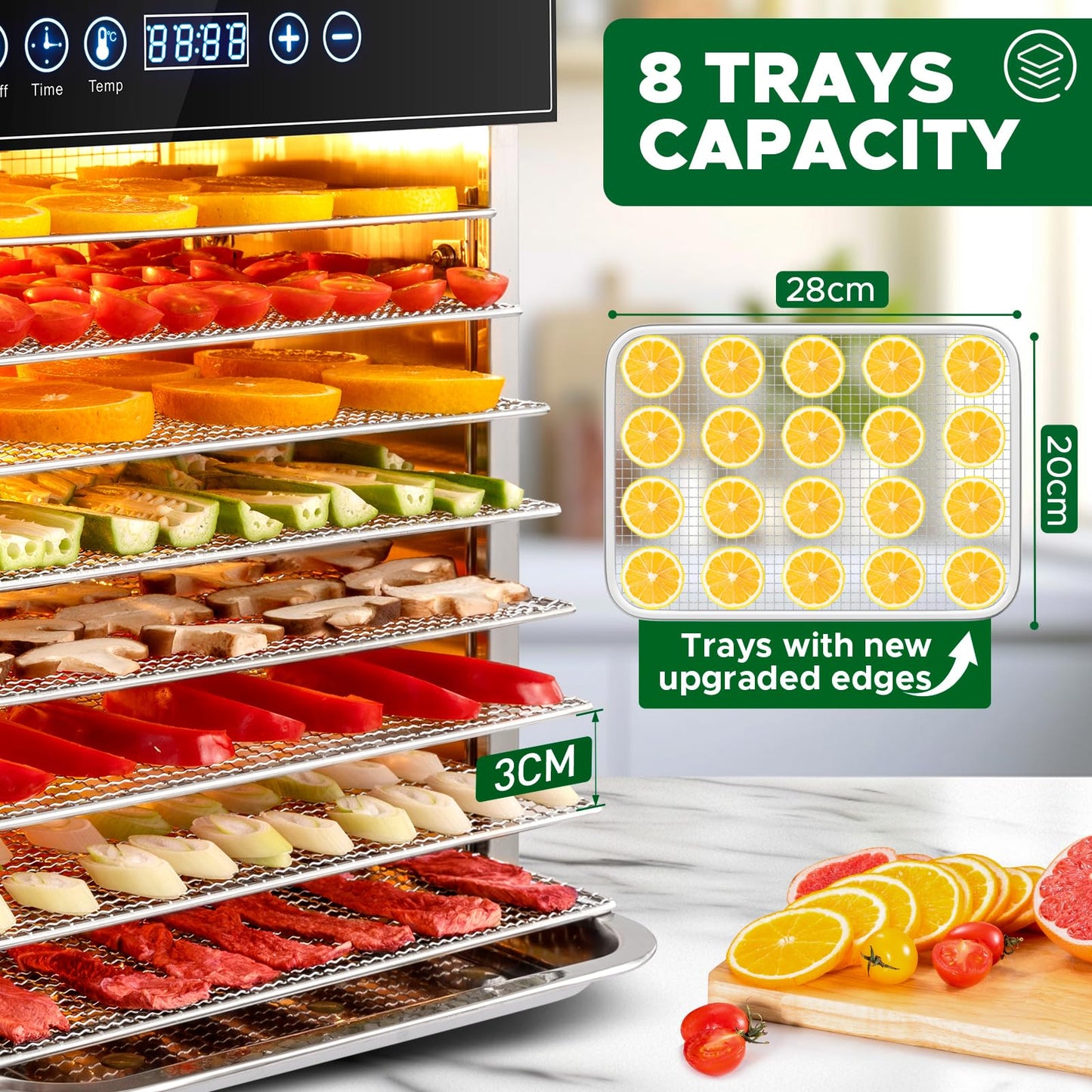 Kwasyo 8 Tray Stainless Steel Food Dehydrator, Dryer uk with 30-90°C Adjustable Thermostat & 24hr Digital Timer, Commercial Drying Fruits Machine for Fish Vegetables Meat Jerky Herb