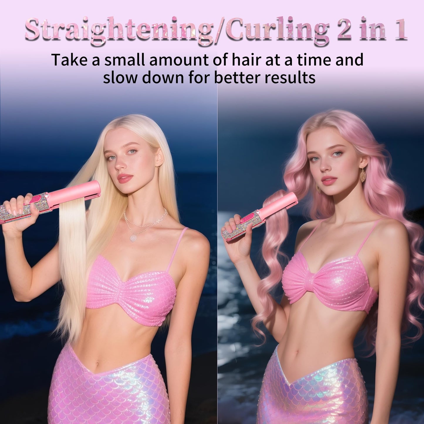 Cordless Hair Straightener, Portable Straightener 2 in 1 for Hair Straightening and Curling, Fast Heating Cordless Flat Iron, 5000mAh Hair Straightener Travel,210°C/410°F Within Seconds