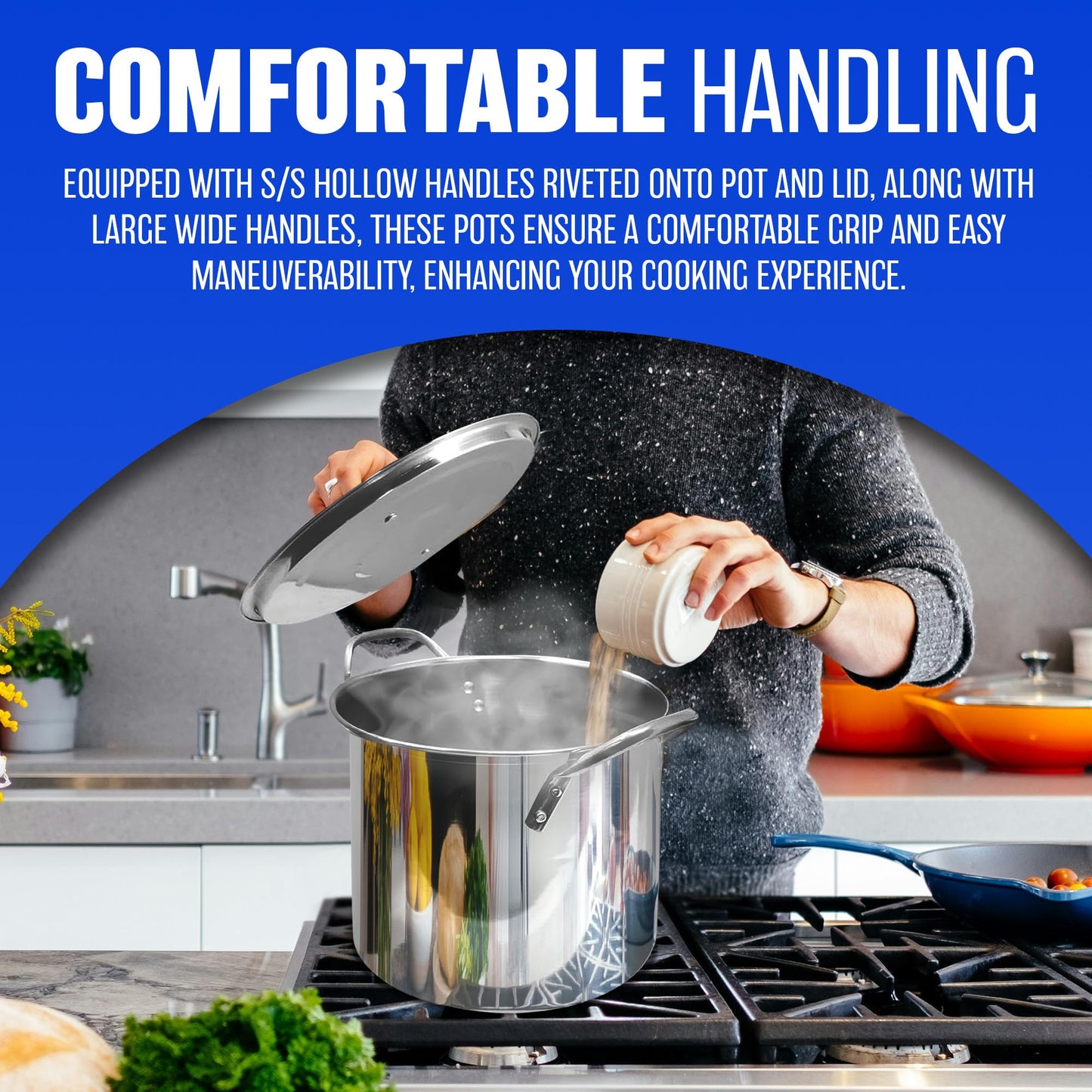 4pc Large Stainless Steel Catering Deep Stock Pots - Soup Boiling Pot | Easy to Clean | Handles for Easy Transporting | Suitable for Kitchen, Catering & Restaraunts | Durable & Long Lasting