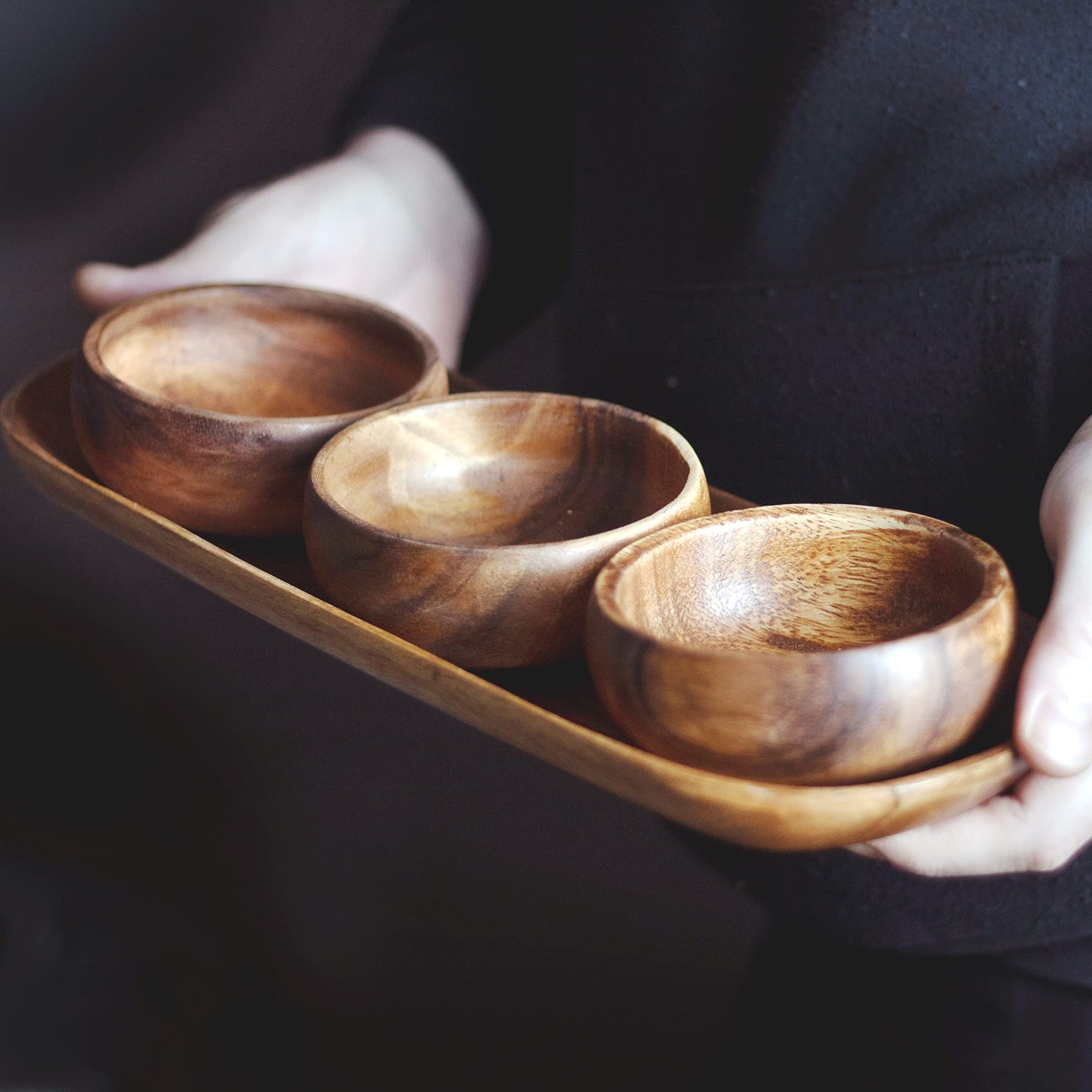 cintika Hand-Carved Set of 4 Acacia Calabash Bowls with Baguette Tray. Durable Wooden Bowl Set. Snack, nut, dip bowl. - Wooden Dinnerware set. 4" Round Wooden Bowls - 13" Wooden Tray