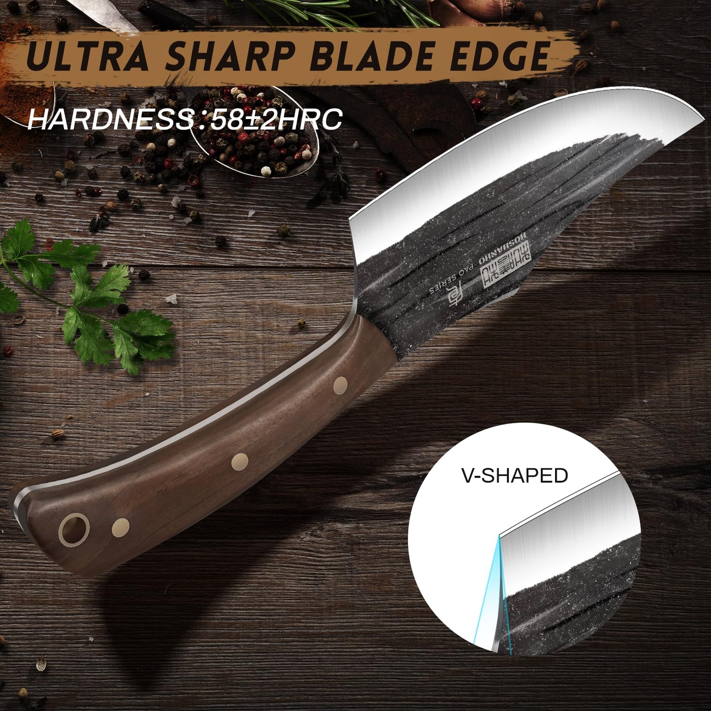 HOSHANHO Butcher Knife Set, Hand Forged Butcher Chef Knife Set with Roll Bag, Sharp Meat Cleaver Bone Chopper Fillet Knife for Home & Camping & BBQ Gift for Men