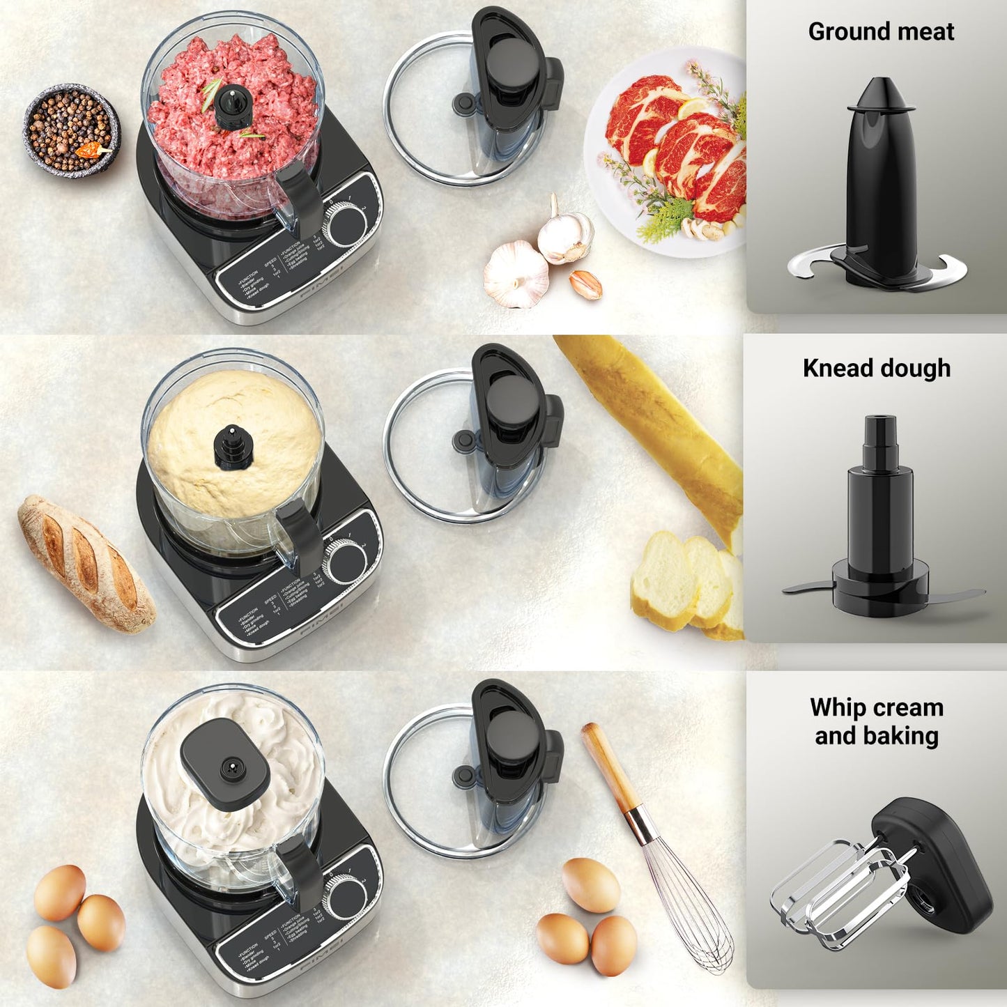FIMEI Multifunctional Food Processor 1300W, 3 Speeds and Pulse Function, 3.5L Chopper, 1.5L Blender, Grinder, Citrus Juicer, Dough Hook, Whisk, Shredder, Reversible Slicer, Triple Lock Protection