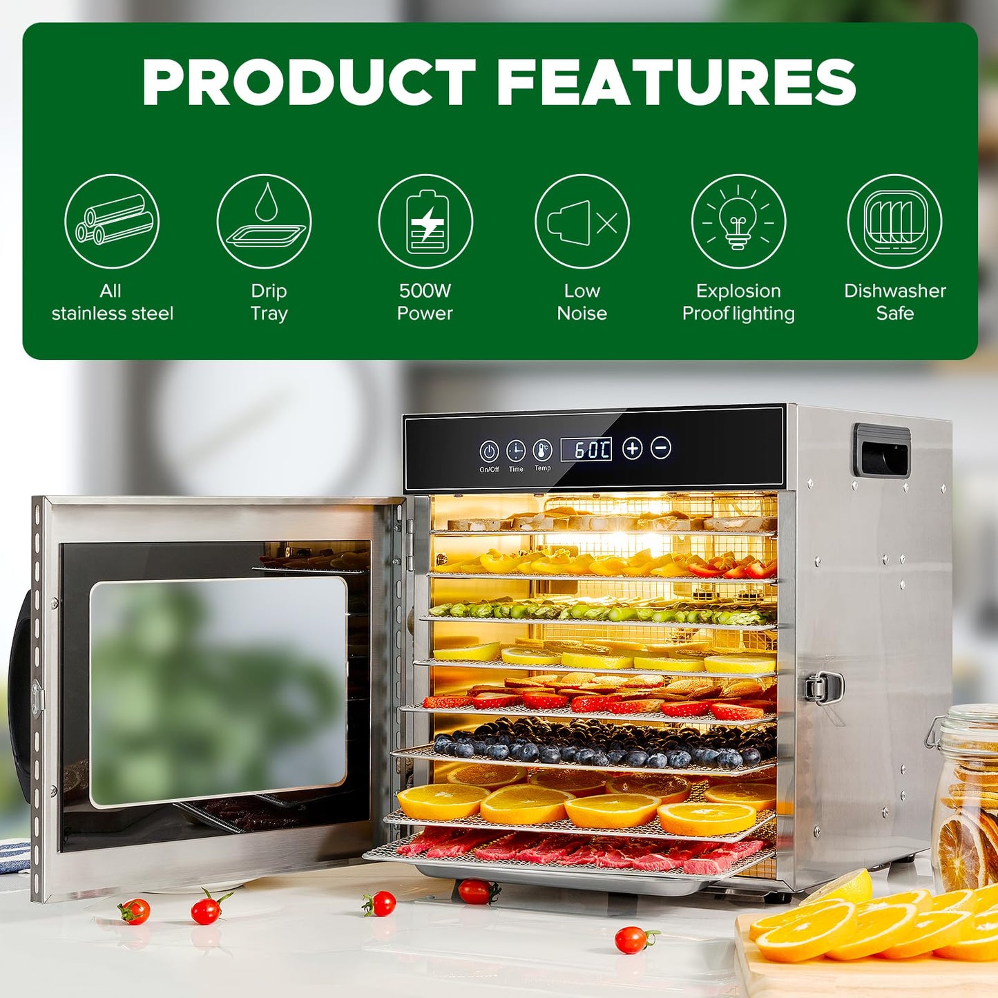 Kwasyo 8 Tray Stainless Steel Food Dehydrator, Dryer uk with 30-90°C Adjustable Thermostat & 24hr Digital Timer, Commercial Drying Fruits Machine for Fish Vegetables Meat Jerky Herb