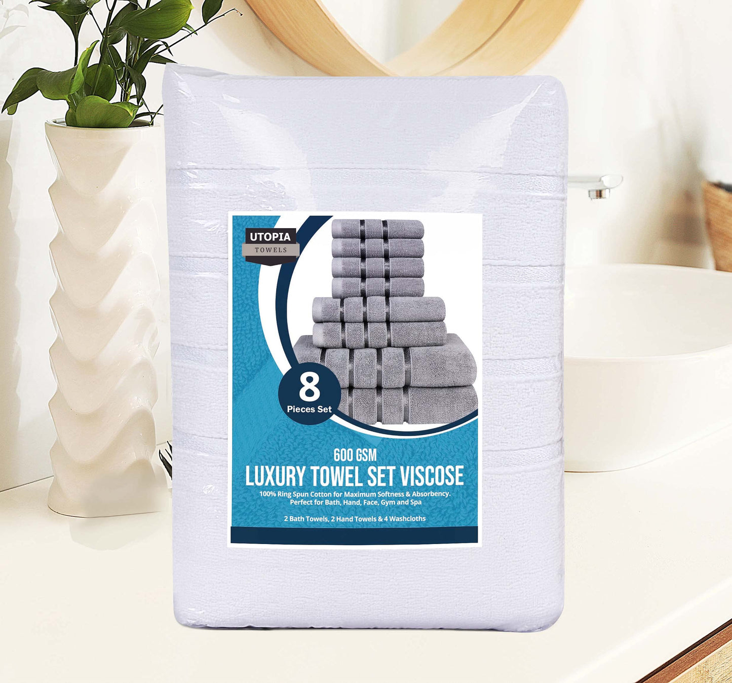 Utopia Towels 8-Piece Luxury Towel Set, 2 Bath Towels, 2 Hand Towels, and 4 Wash Cloths,97% Ring Spun Cotton Highly Absorbent Viscose Stripe Towels Ideal for Everyday use (White)