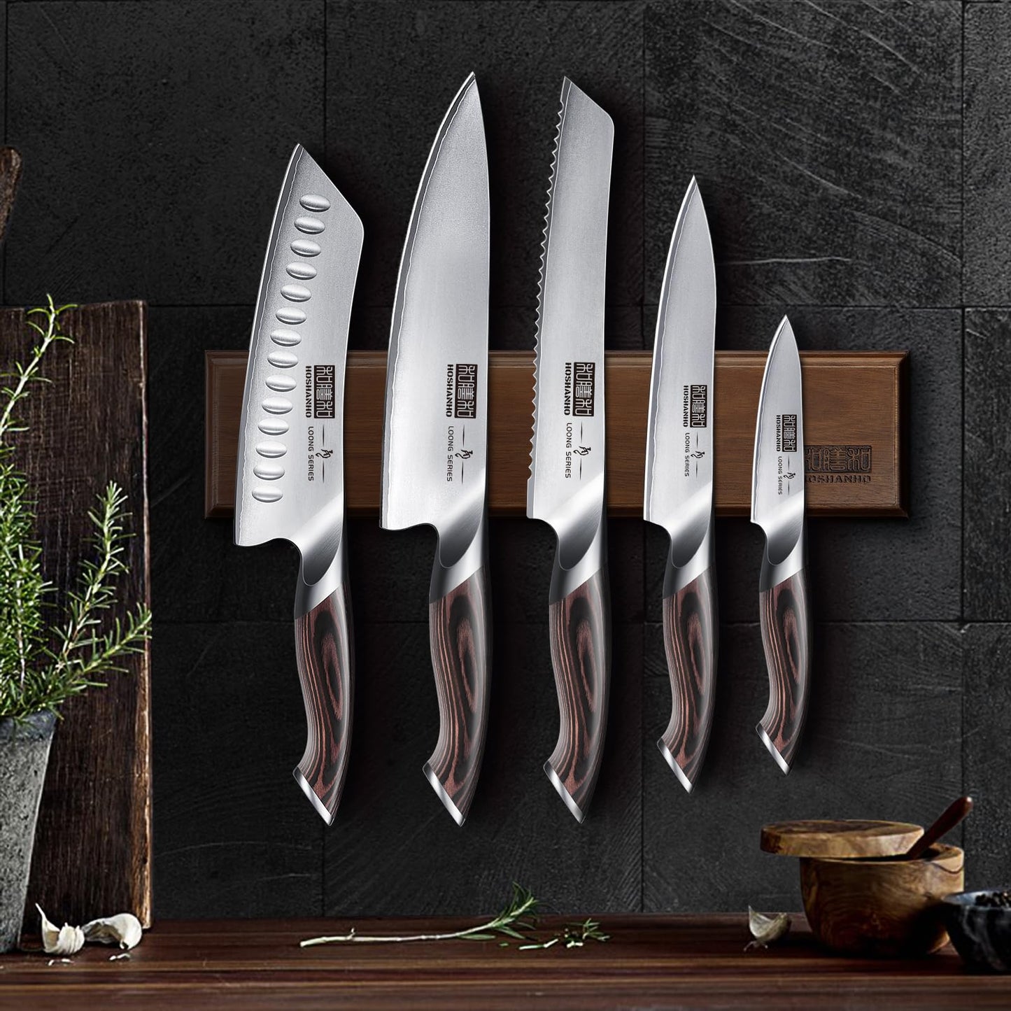 HOSHANHO Knife Set with Magnetic Knife Holder, 6 Pieces Japanese German High Carbon Steel Kitchen Knife Set, Ultra Sharp Professional Chef Knives Sets
