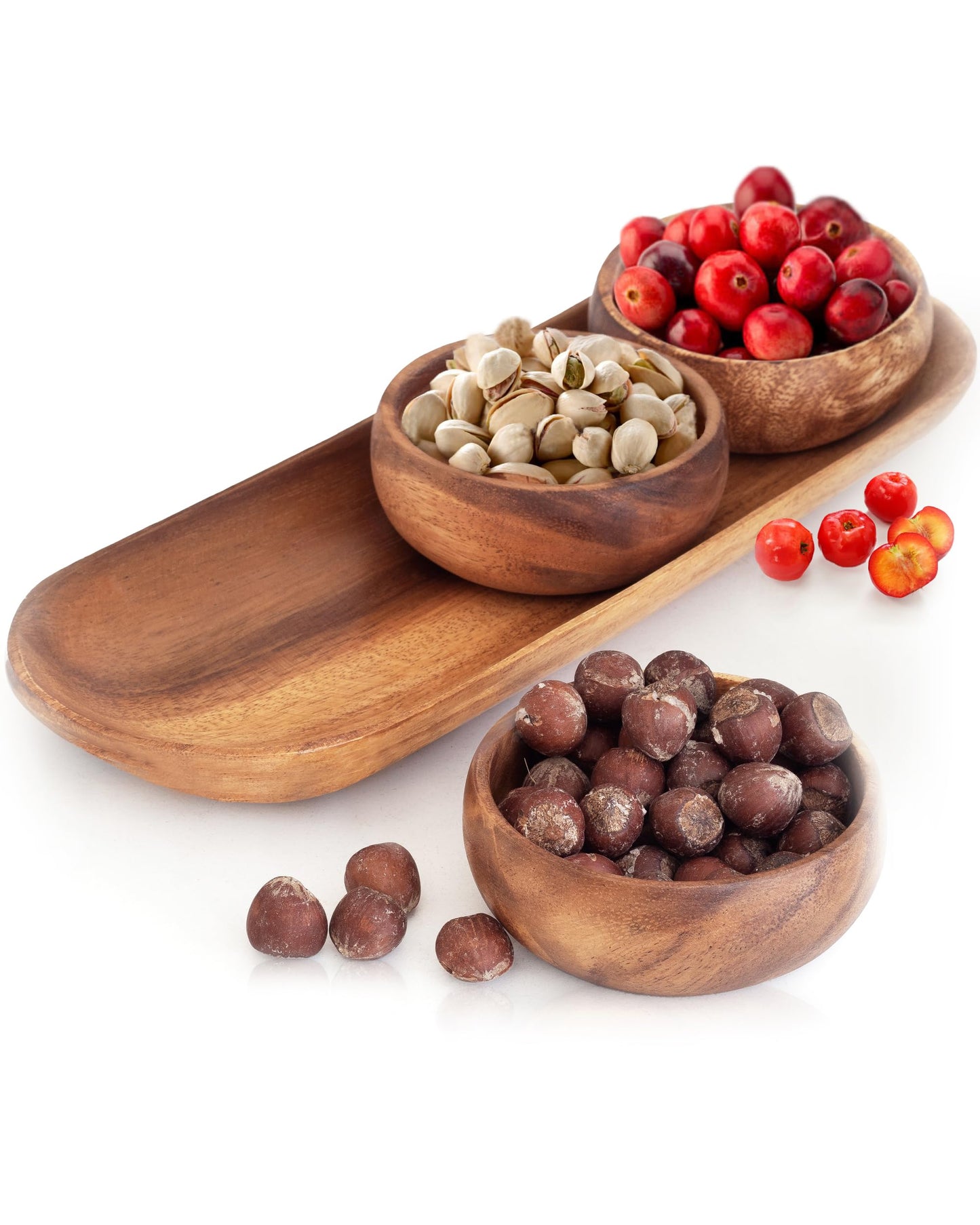 cintika Hand-Carved Set of 4 Acacia Calabash Bowls with Baguette Tray. Durable Wooden Bowl Set. Snack, nut, dip bowl. - Wooden Dinnerware set. 4" Round Wooden Bowls - 13" Wooden Tray