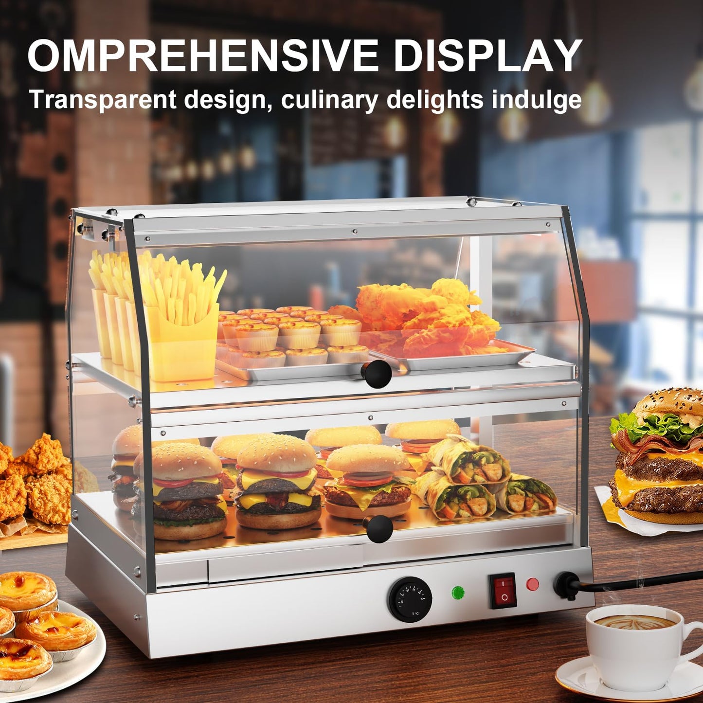TAIMIKO Commercial Food Warmer Cabinet Warmer Display Case Stainless Steel 2 Tiers Pizza Warmer Hot Food Display Pastry Warmer Countertop Heated Warming Showcase Pastry Patty Restaurant
