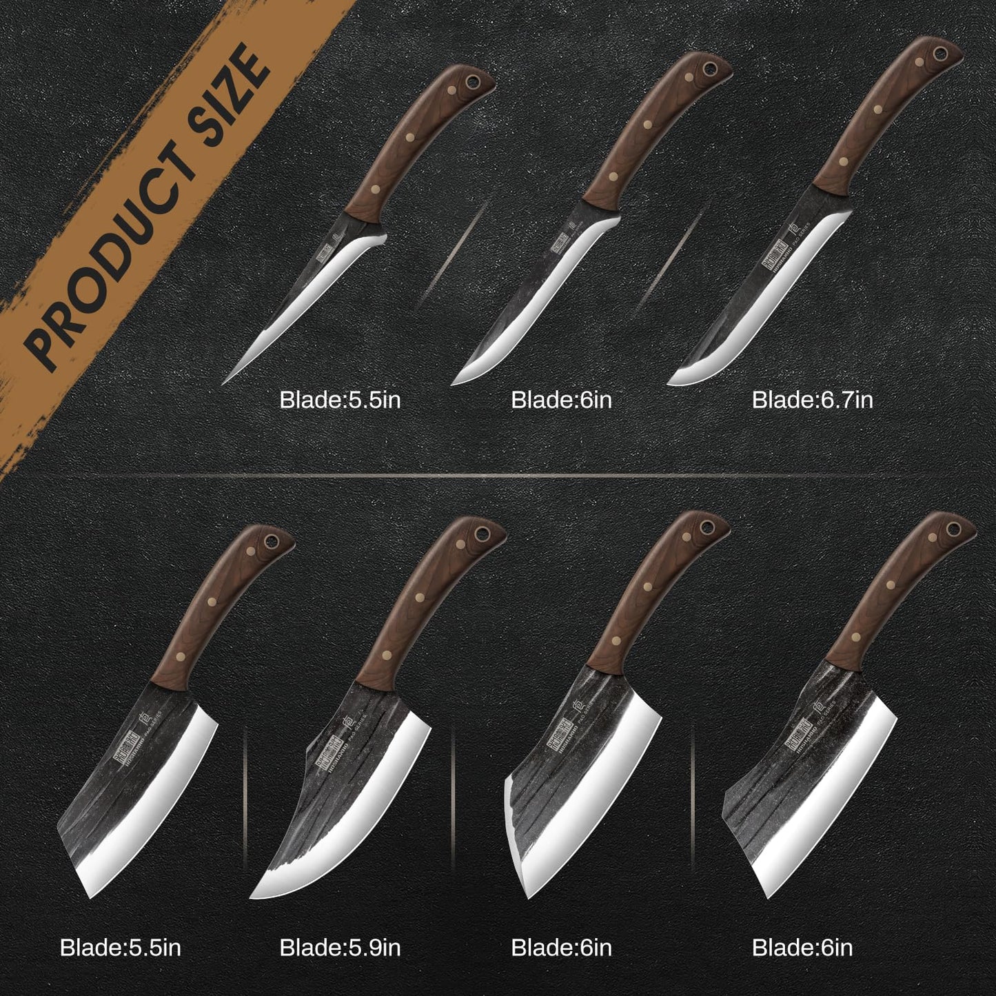 HOSHANHO Butcher Knife Set, Hand Forged Butcher Chef Knife Set with Roll Bag, Sharp Meat Cleaver Bone Chopper Fillet Knife for Home & Camping & BBQ Gift for Men