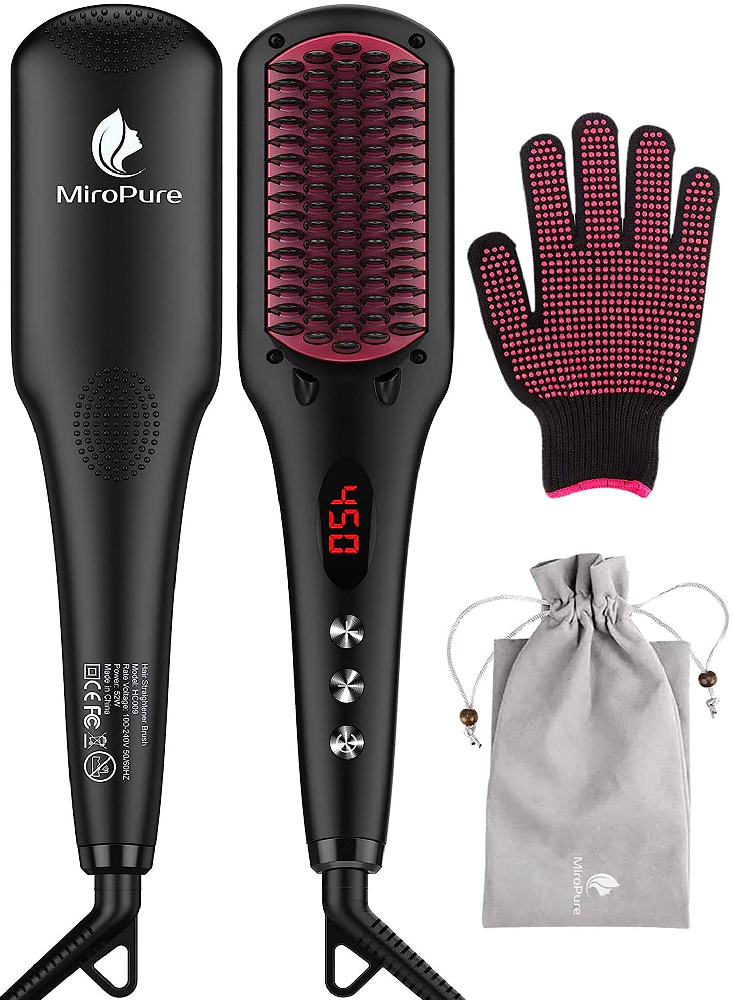 MiroPure 2 in 1 Ionic Hair Straightener Brush Hot Comb MCH Heating Smoothing Brush with 16 Settings, Dual Voltage