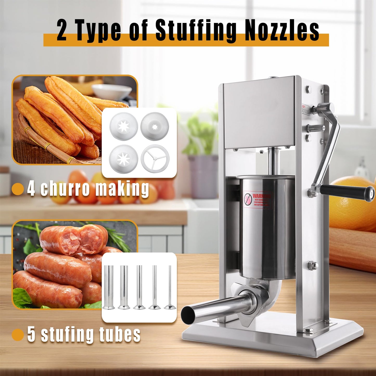 Hakka 3L/7Lb Sausage Stuffer Machine,2 Speed Stainless Steel Vertical Sausage Maker with 5 Tubes and 4 Churros,Meatball Maker for Home & Commercial Kitchens