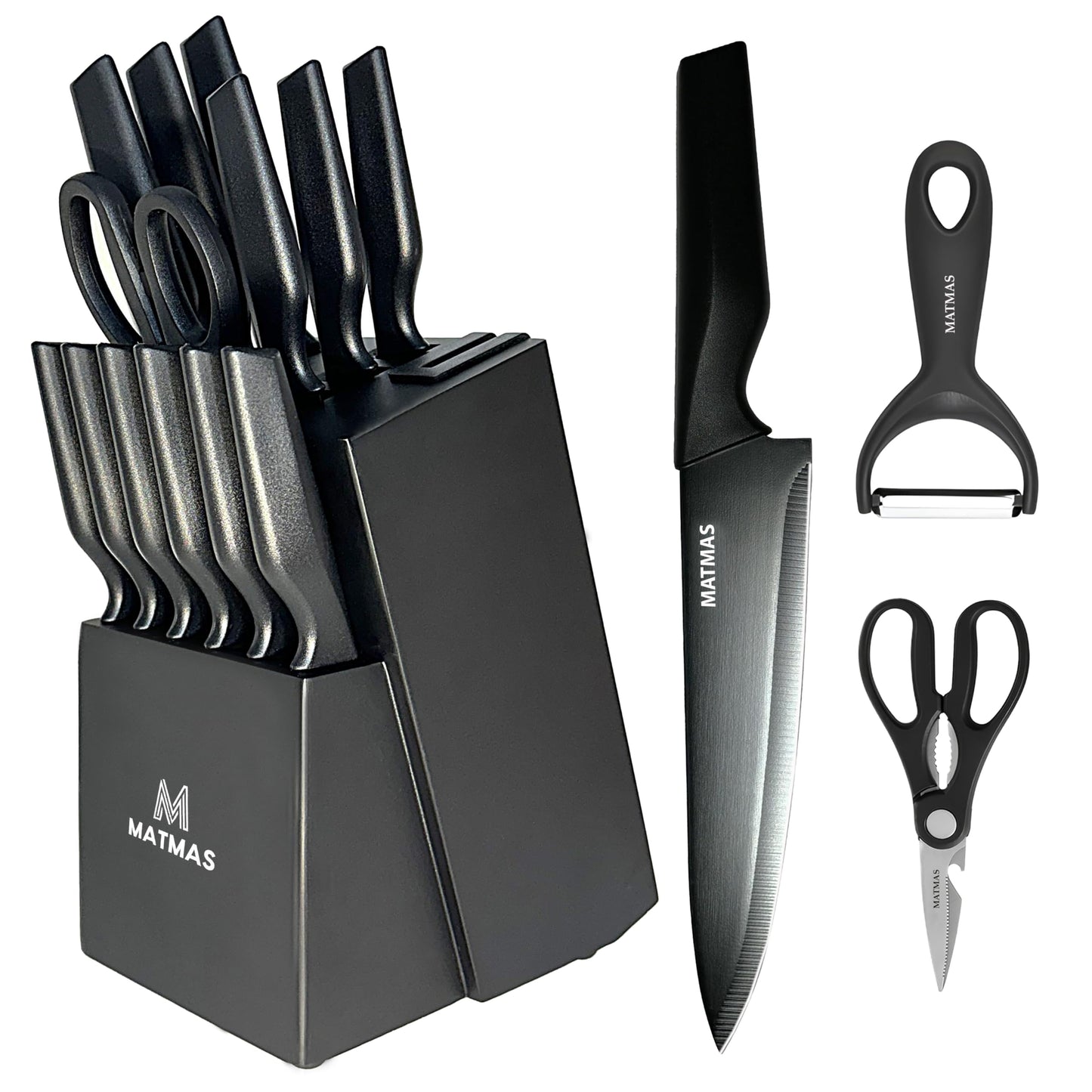 MATMAS Kitchen Knife Set with Block, 15 Pieces with Built-in Sharpener, Carbon Stainless Steel Knives, Culinary Excellence