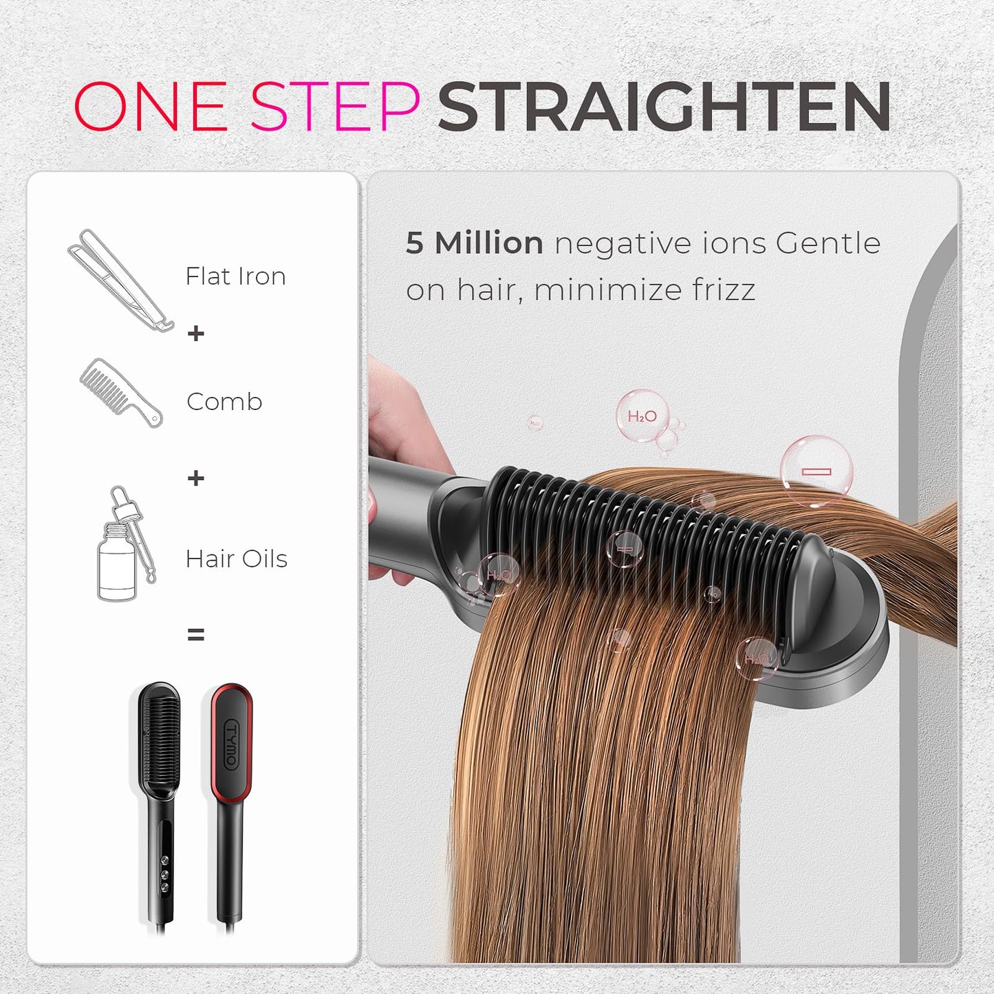TYMO Hair Straightener Comb Plus - Hair Straightening Brush & Iron with Nano Titanium Coating for Even Heat, 9 Temperature Settings & LED Screen, Professional Hair Tools for Styling