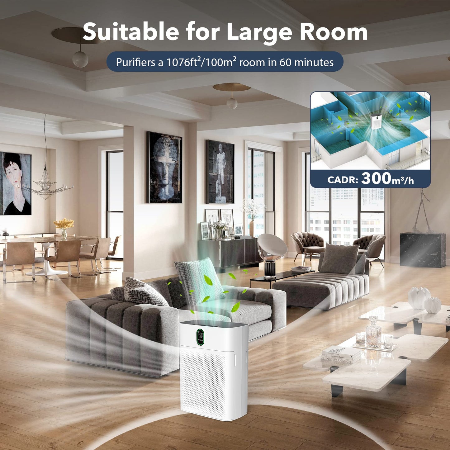 MORENTO Air Purifiers for Bedroom Home Large Room up to 1076 Sq Ft with PM 2.5 Air Quality Sensor, Remove the Pet Hair, Dust, Smoke, Air Cleaner Sleep mode 24db, White, 1 Pack