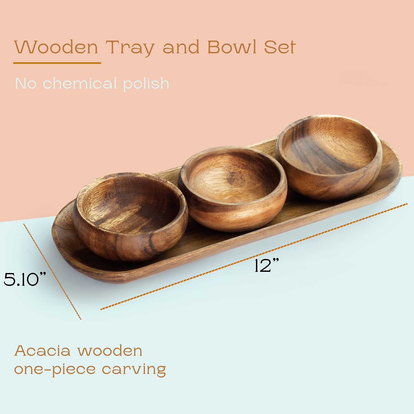 cintika Hand-Carved Set of 4 Acacia Calabash Bowls with Baguette Tray. Durable Wooden Bowl Set. Snack, nut, dip bowl. - Wooden Dinnerware set. 4" Round Wooden Bowls - 13" Wooden Tray