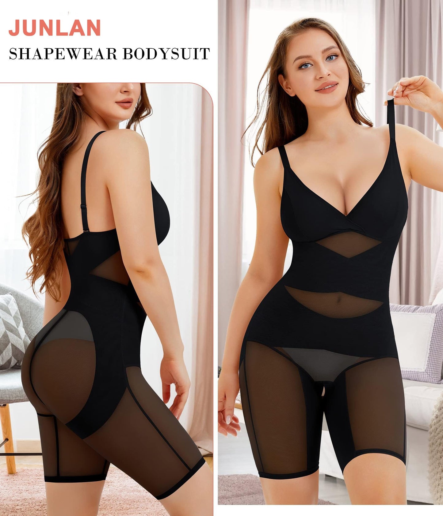 Junlan Shapewear Bodysuit for Women V Neck Butt Lifter Full Body Shaper Tummy Control Thigh Slimmer Shorts Seamless Jumpsuit One Piece (Black,XL)