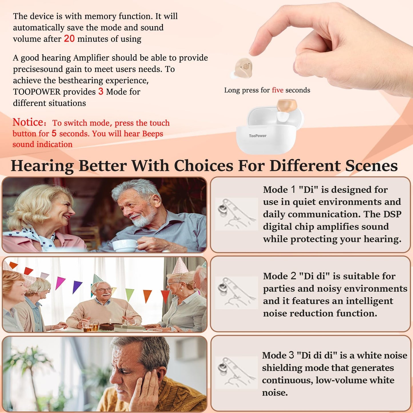 Hearing Amplifier for Seniors & Adults Rechargeable with Noise Cancelling,Digital Devices for Super Nature Sound,3Different Modes,Adjustable Volume in 5 Levels,Dual Microphone,No Whistling Sound