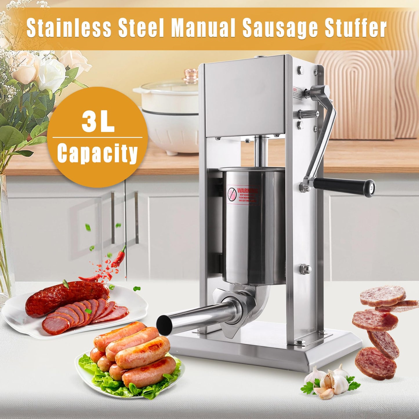 Hakka 3L/7Lb Sausage Stuffer Machine,2 Speed Stainless Steel Vertical Sausage Maker with 5 Tubes and 4 Churros,Meatball Maker for Home & Commercial Kitchens