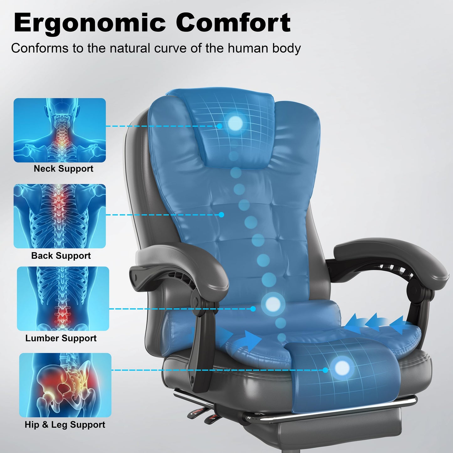 Blisswood Office Chair, Computer Desk Chairs with Lumbar Support, Ergonomic Office Chair with Footrest, Adjustable Height, 135° Recline Tilt Function 360° Swivel for Home Office Working (Grey)