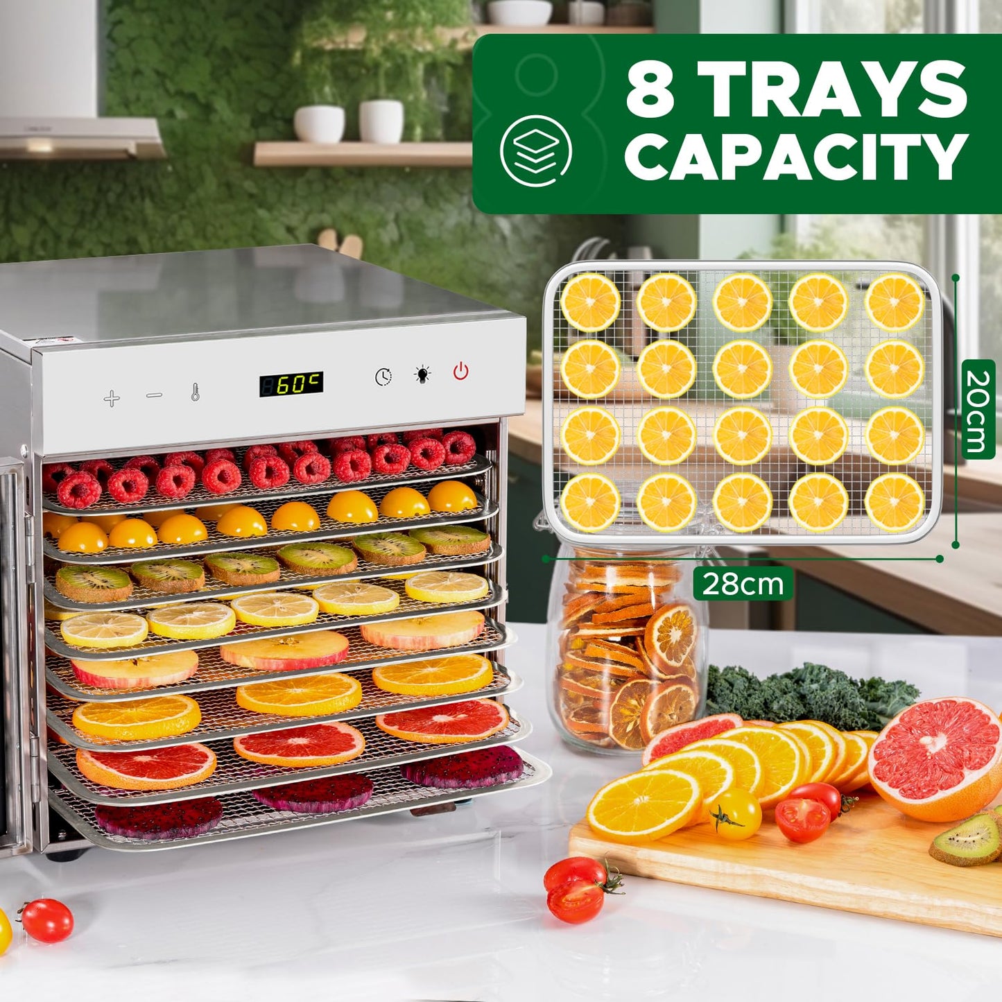 Kwasyo Stainless Steel Food Dehydrator, 8 Tray Fruit Dryer Machine with Free Recipe Book, BPA-Free, 30~90℃ Temperature Setting, Max 24h, Dehydrator Food Dryer UK for Vegetables, Meats