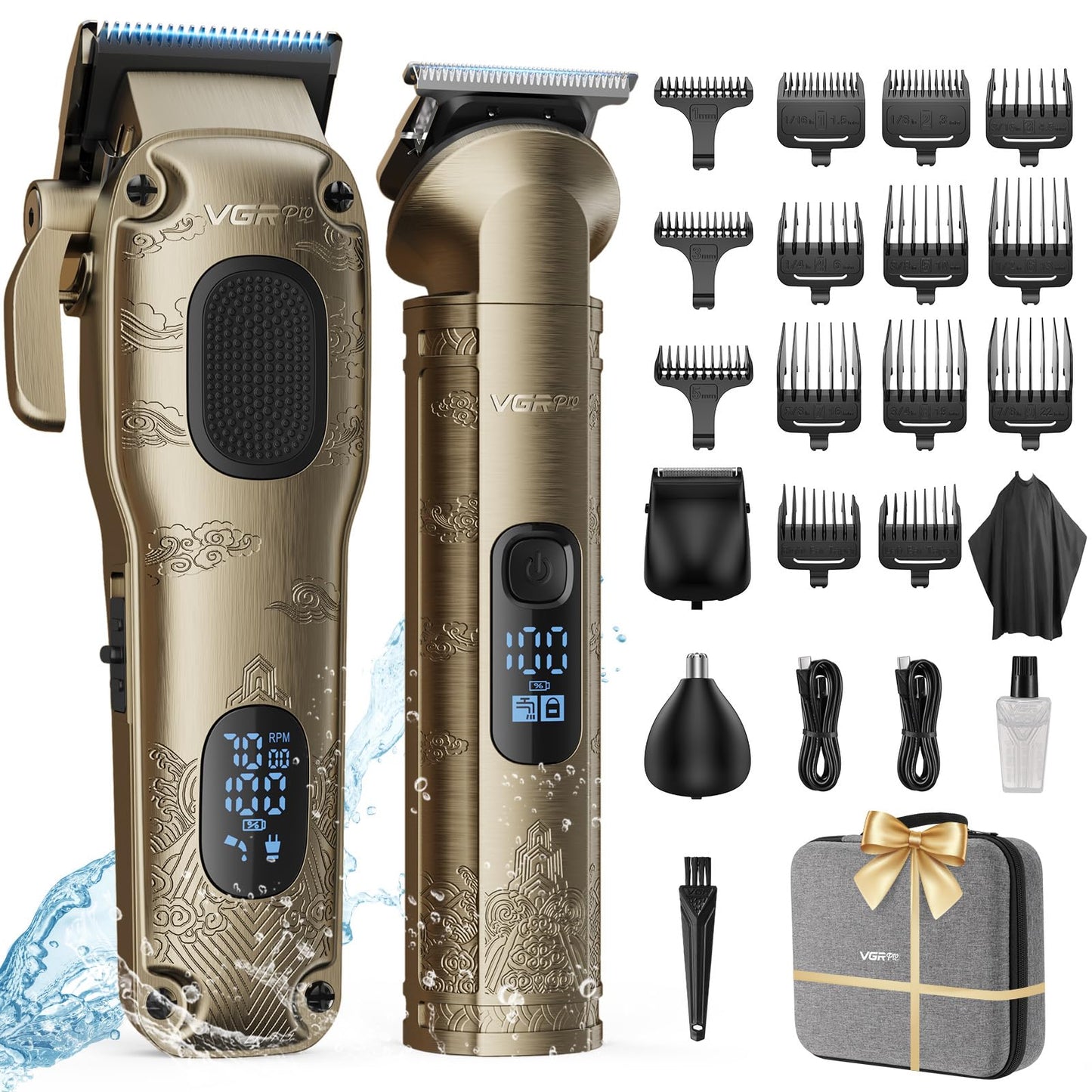 Vgrpro Hair Clippers Men Professional,Mens Clippers and Trimmers Set, USB Rechargeable Cordless Hair Clippers for Hair Cutting, Electric T-Blade Hair Trimmer for Men with Package Box (Gloden)