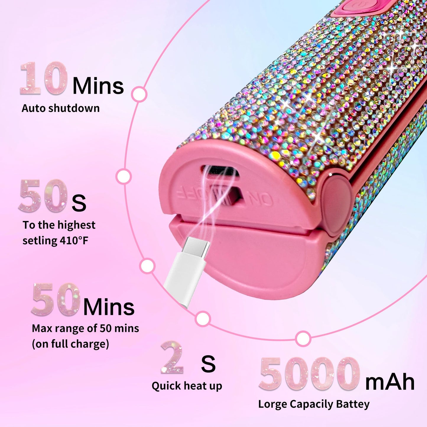 Cordless Hair Straightener, Portable Straightener 2 in 1 for Hair Straightening and Curling, Fast Heating Cordless Flat Iron, 5000mAh Hair Straightener Travel,210°C/410°F Within Seconds