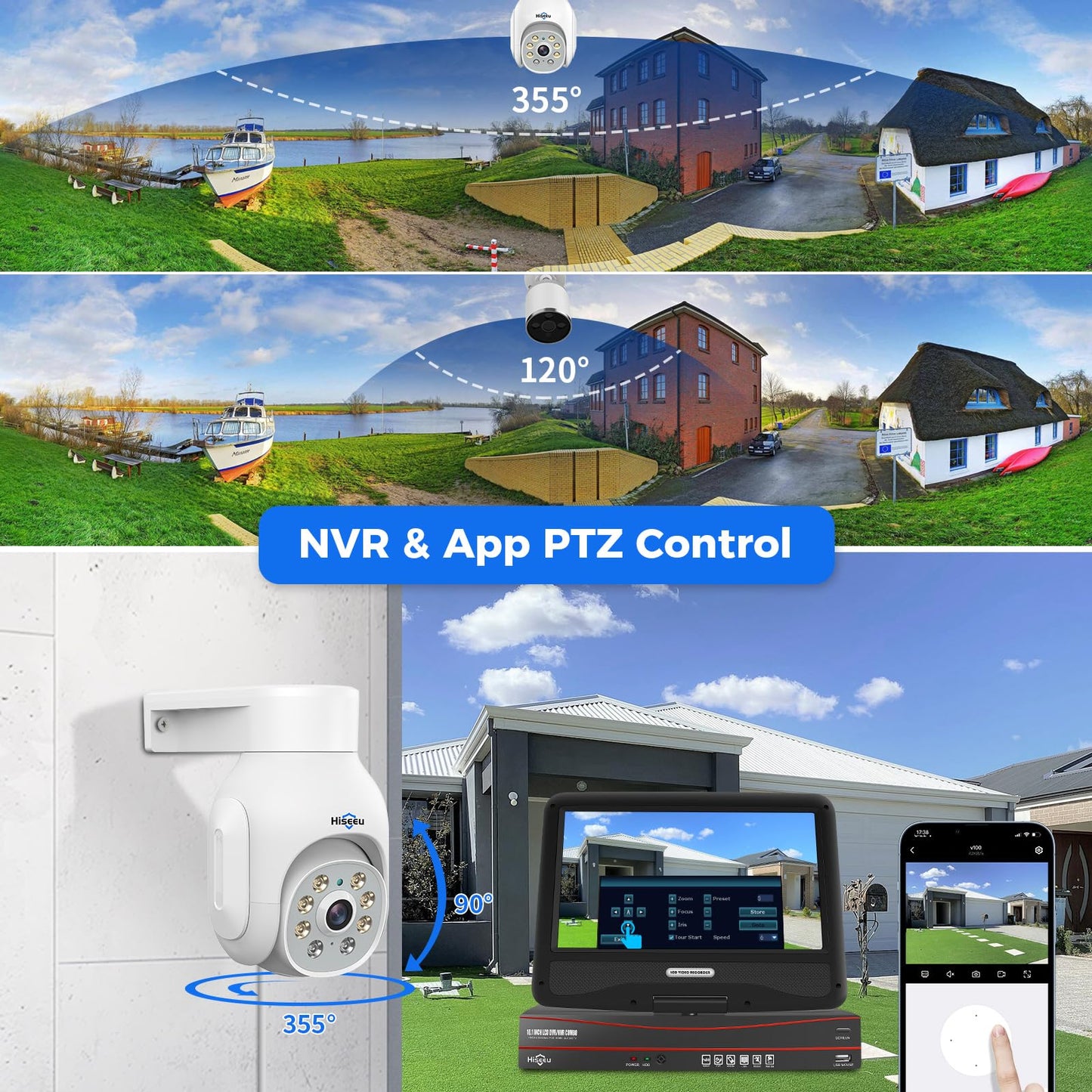 Hiseeu 【5MP+PTZ】 5MP PoE CCTV Security Camera System,10'' LCD Monitor with 8CH NVR,4X5MP PoE PTZ Camera with Color Night Vision IP66 Waterproof Remote Access Two-way Audio