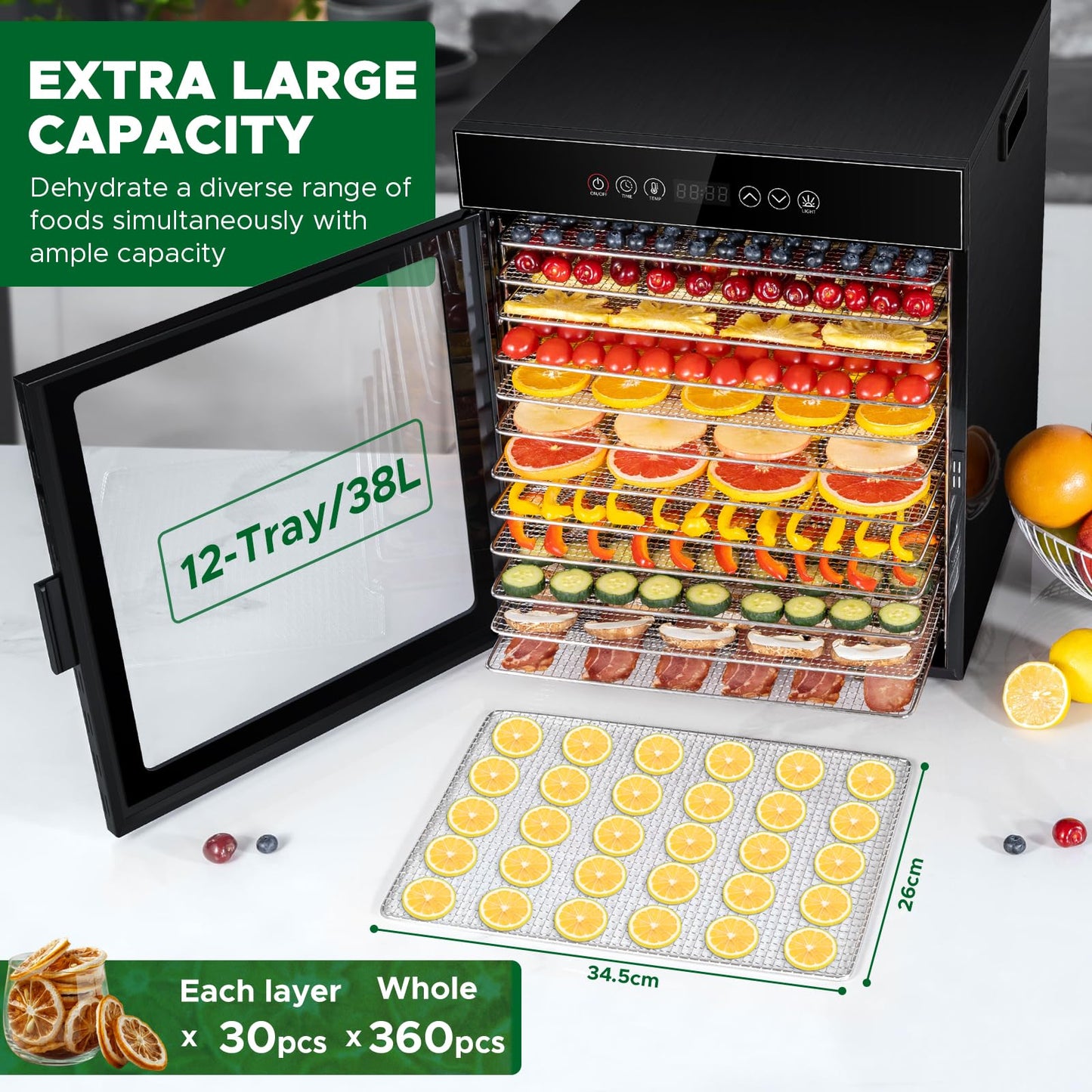 Kwasyo 12 Trays Stainless Steel Food Dehydrator all in Black, Food Dryer UK with 30-90°C Adjustable & 24hr Digital Timer, Commercial Dehydrator Fruits for Fish Vegetables Meat Jerky Herb, 900W