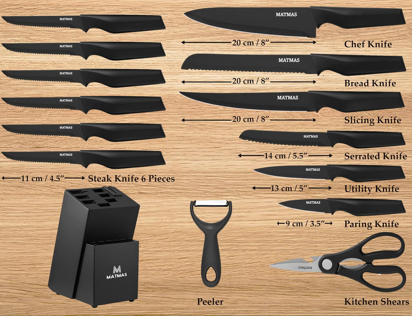 MATMAS Kitchen Knife Set with Block, 15 Pieces with Built-in Sharpener, Carbon Stainless Steel Knives, Culinary Excellence