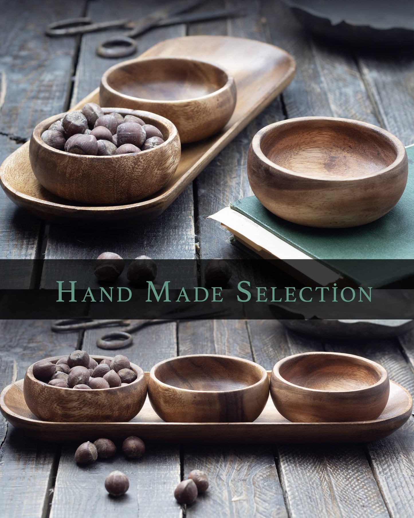 cintika Hand-Carved Set of 4 Acacia Calabash Bowls with Baguette Tray. Durable Wooden Bowl Set. Snack, nut, dip bowl. - Wooden Dinnerware set. 4" Round Wooden Bowls - 13" Wooden Tray