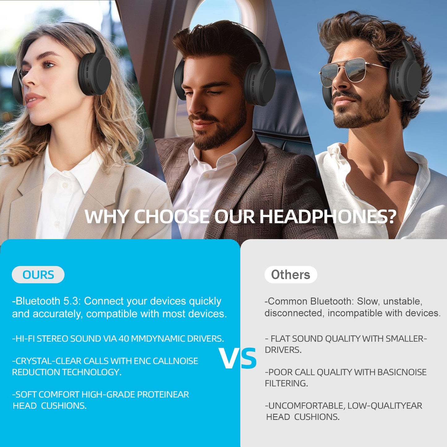 MOXYOY Bluetooth Headphones Over Ear, 82H Playtime, 3EQ Hi-Fi Sound Modes, Foldable Wireless Headphones, Lightweight Over Ear Headphones with Microphone for PC/Travel/Gaming/Office