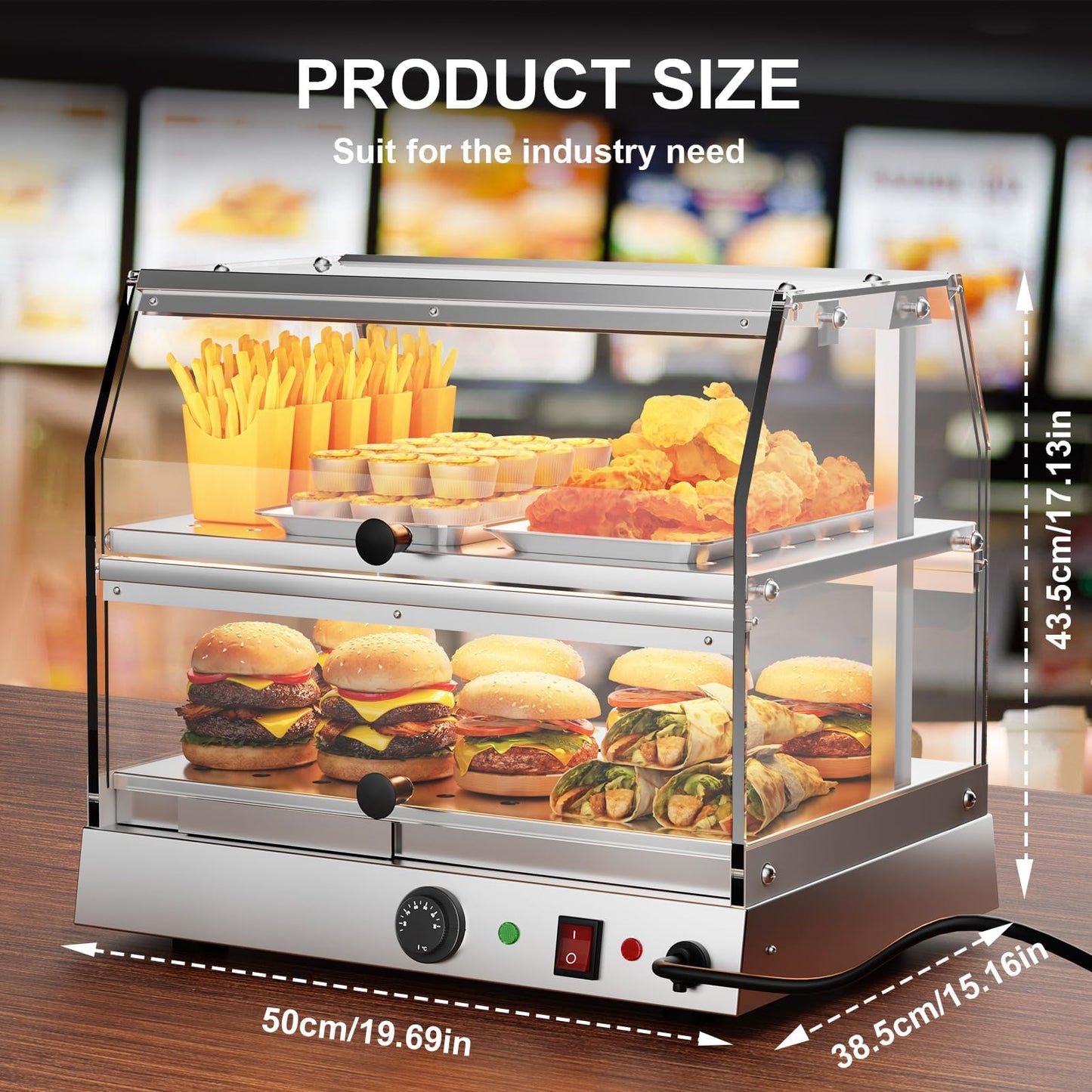 TAIMIKO Commercial Food Warmer Cabinet Warmer Display Case Stainless Steel 2 Tiers Pizza Warmer Hot Food Display Pastry Warmer Countertop Heated Warming Showcase Pastry Patty Restaurant