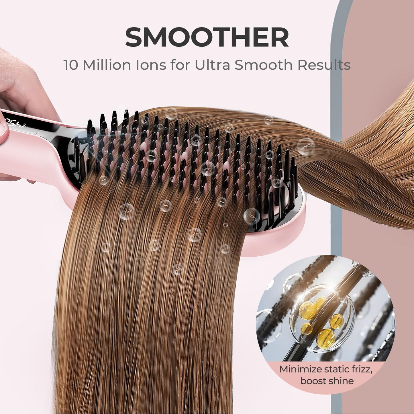 TYMO Ionic Plus Hair Straightener Brush UK, Upgraded Straightening Brush with Dense Bristles for Thick Hair, 16 Temps (80℃~230℃) LED Display, 10 Million ions, Dual Voltage, Hot Brush for Women (Pink)
