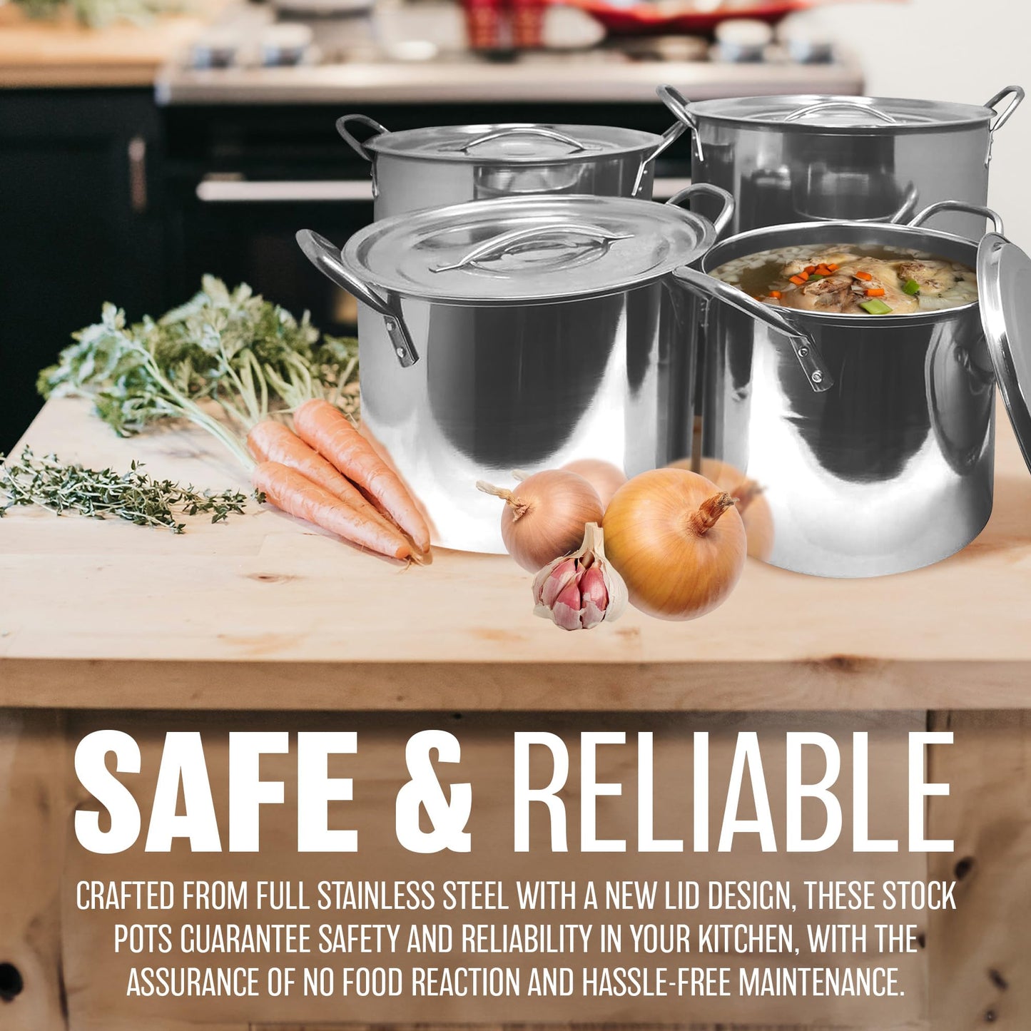 4pc Large Stainless Steel Catering Deep Stock Pots - Soup Boiling Pot | Easy to Clean | Handles for Easy Transporting | Suitable for Kitchen, Catering & Restaraunts | Durable & Long Lasting