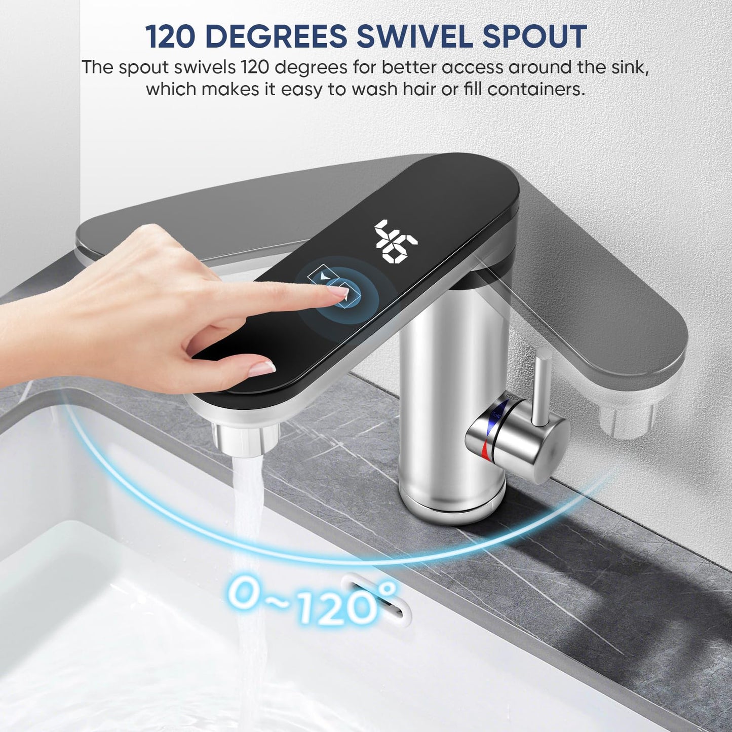 220V 3000W Touch Screen Instant Hot Water Tap, 3 Second Fast Heating Water Heater Tap with Digital Display, Stainless Steel Electric Hot/Cold Mixer Electric Faucet for Sink, 120 Degree Swivel Spout