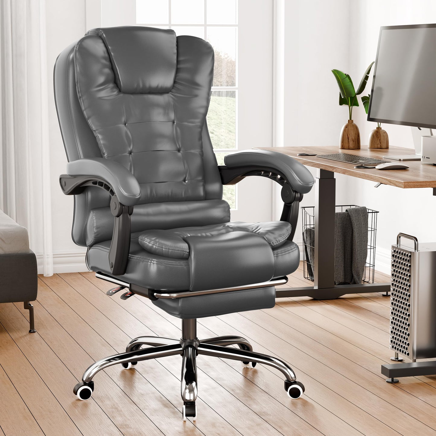 Blisswood Office Chair, Computer Desk Chairs with Lumbar Support, Ergonomic Office Chair with Footrest, Adjustable Height, 135° Recline Tilt Function 360° Swivel for Home Office Working (Grey)