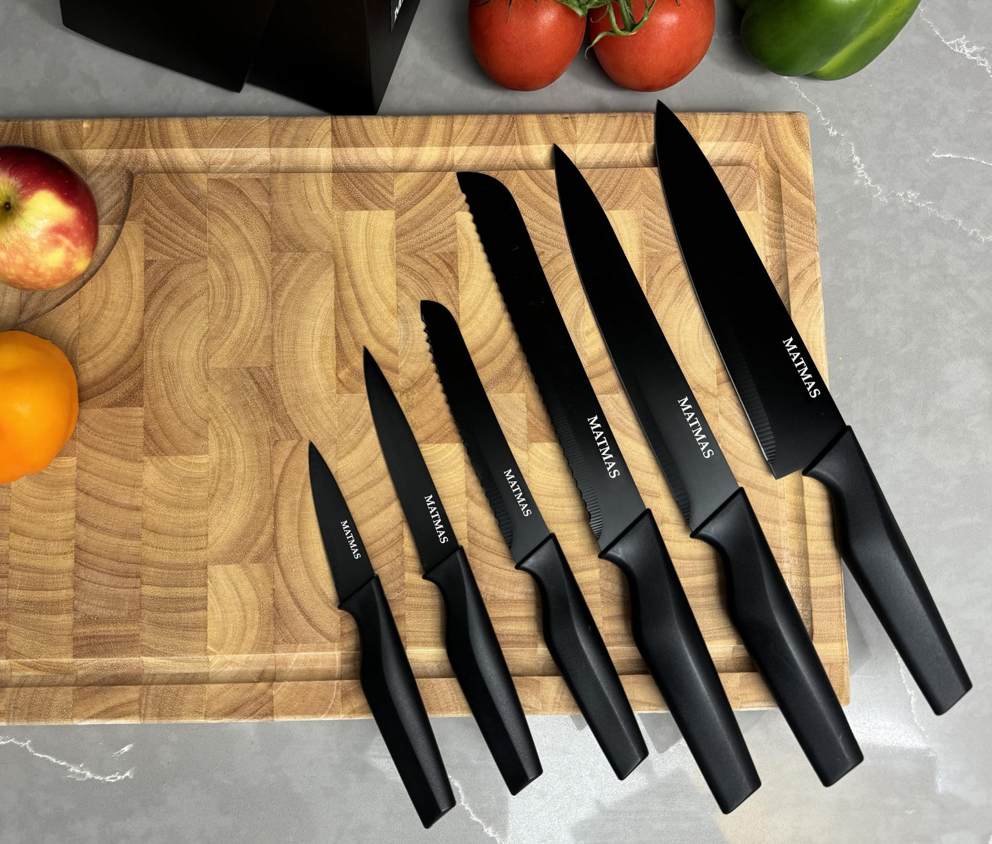 MATMAS Kitchen Knife Set with Block, 15 Pieces with Built-in Sharpener, Carbon Stainless Steel Knives, Culinary Excellence