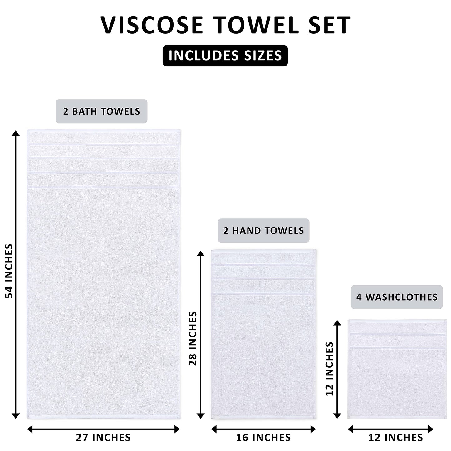Utopia Towels 8-Piece Luxury Towel Set, 2 Bath Towels, 2 Hand Towels, and 4 Wash Cloths,97% Ring Spun Cotton Highly Absorbent Viscose Stripe Towels Ideal for Everyday use (White)