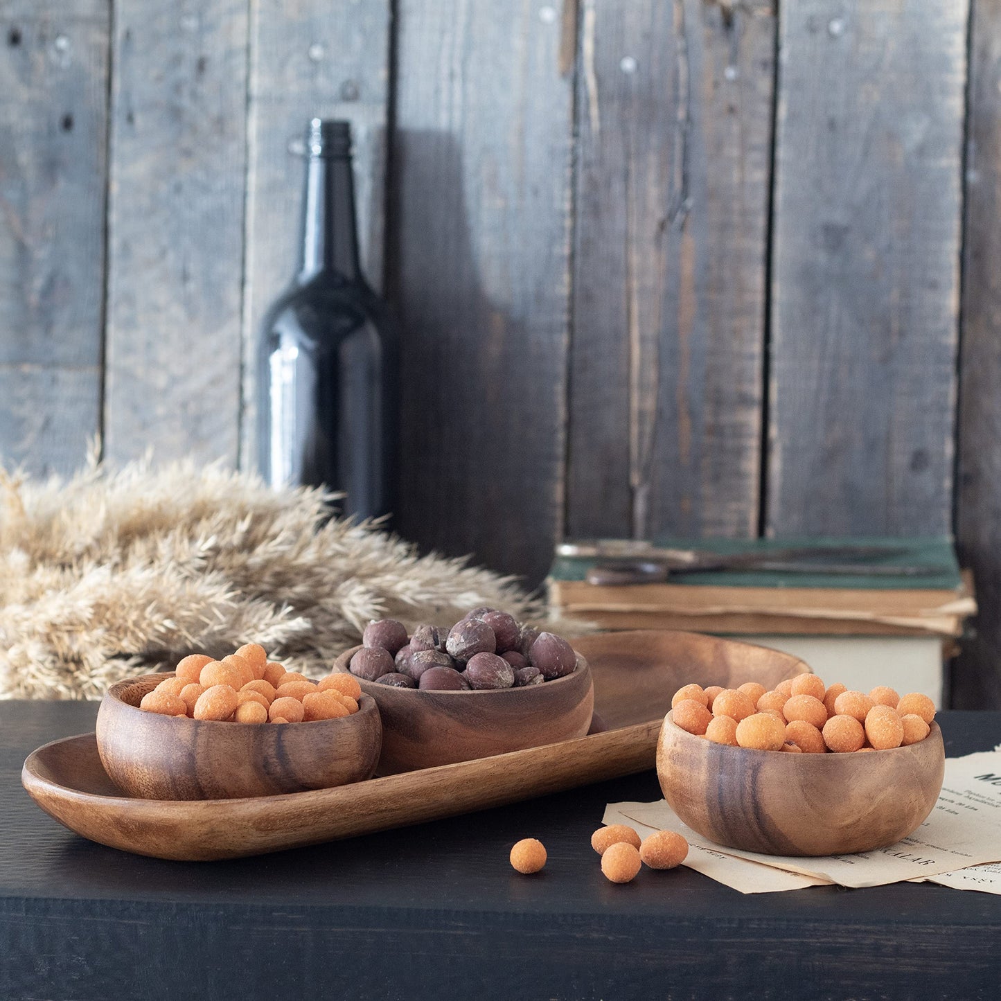 cintika Hand-Carved Set of 4 Acacia Calabash Bowls with Baguette Tray. Durable Wooden Bowl Set. Snack, nut, dip bowl. - Wooden Dinnerware set. 4" Round Wooden Bowls - 13" Wooden Tray